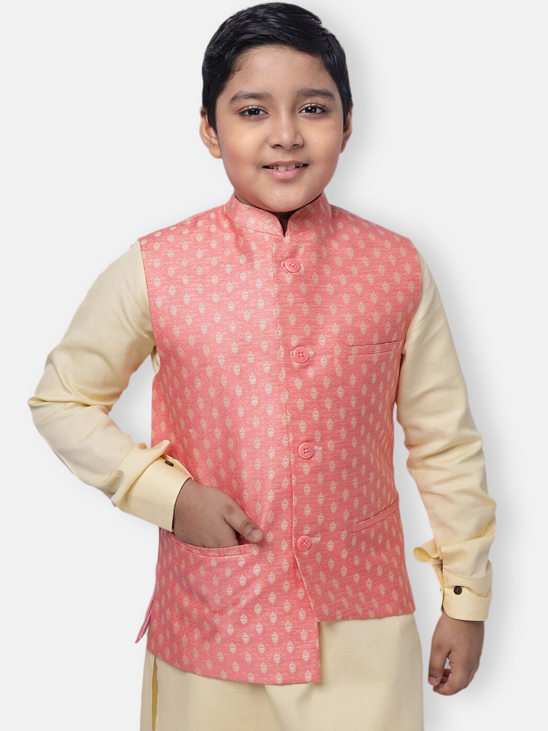 

NAMASKAR Boys Pink & Gold-Coloured Woven-Design Pure Silk Nehru Jacket