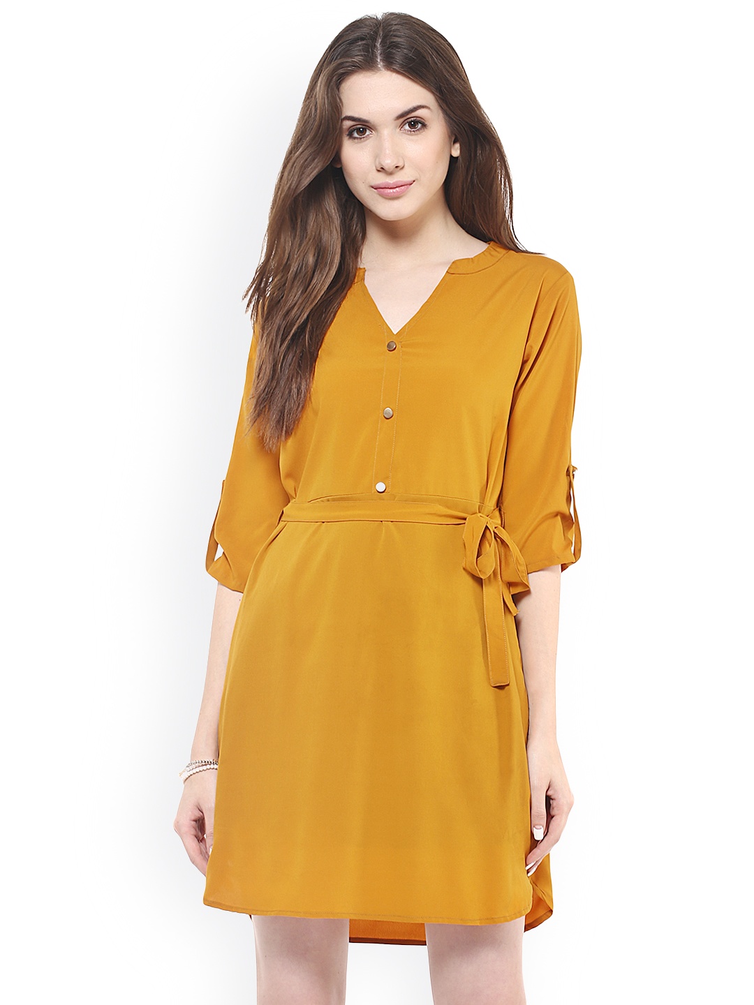 

Zima Leto Women Mustard Yellow Belted A-line Dress with Roll-Up Sleeves