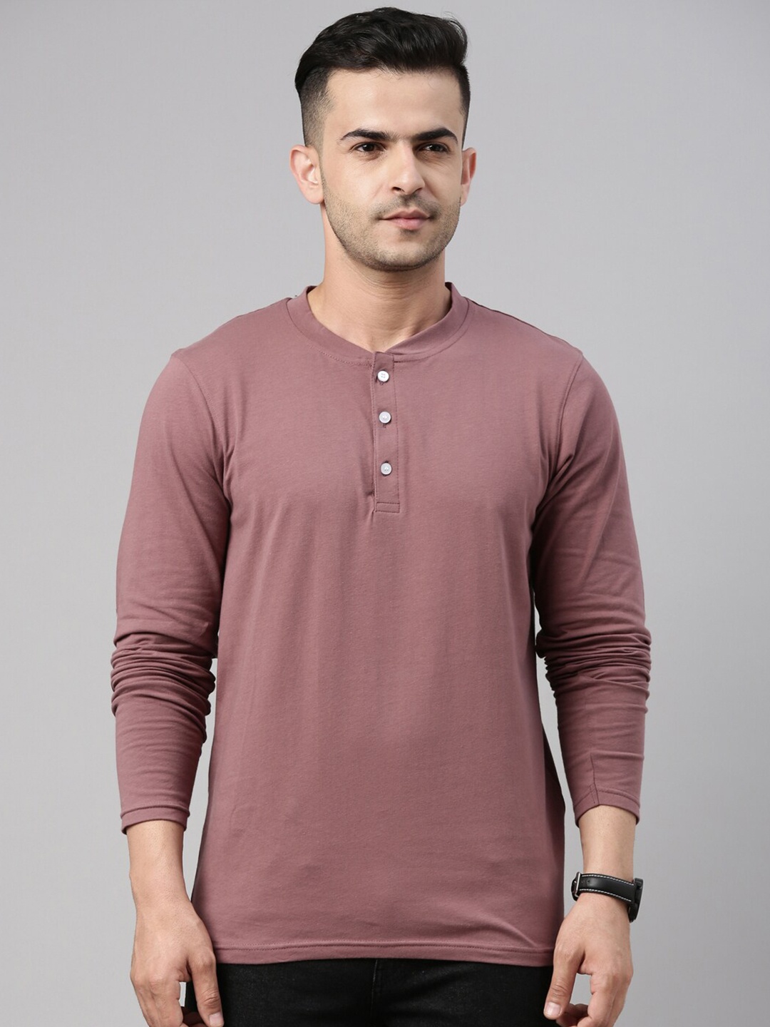 

Bushirt Men Mauve Pure Cotton Henley Neck T-shirt