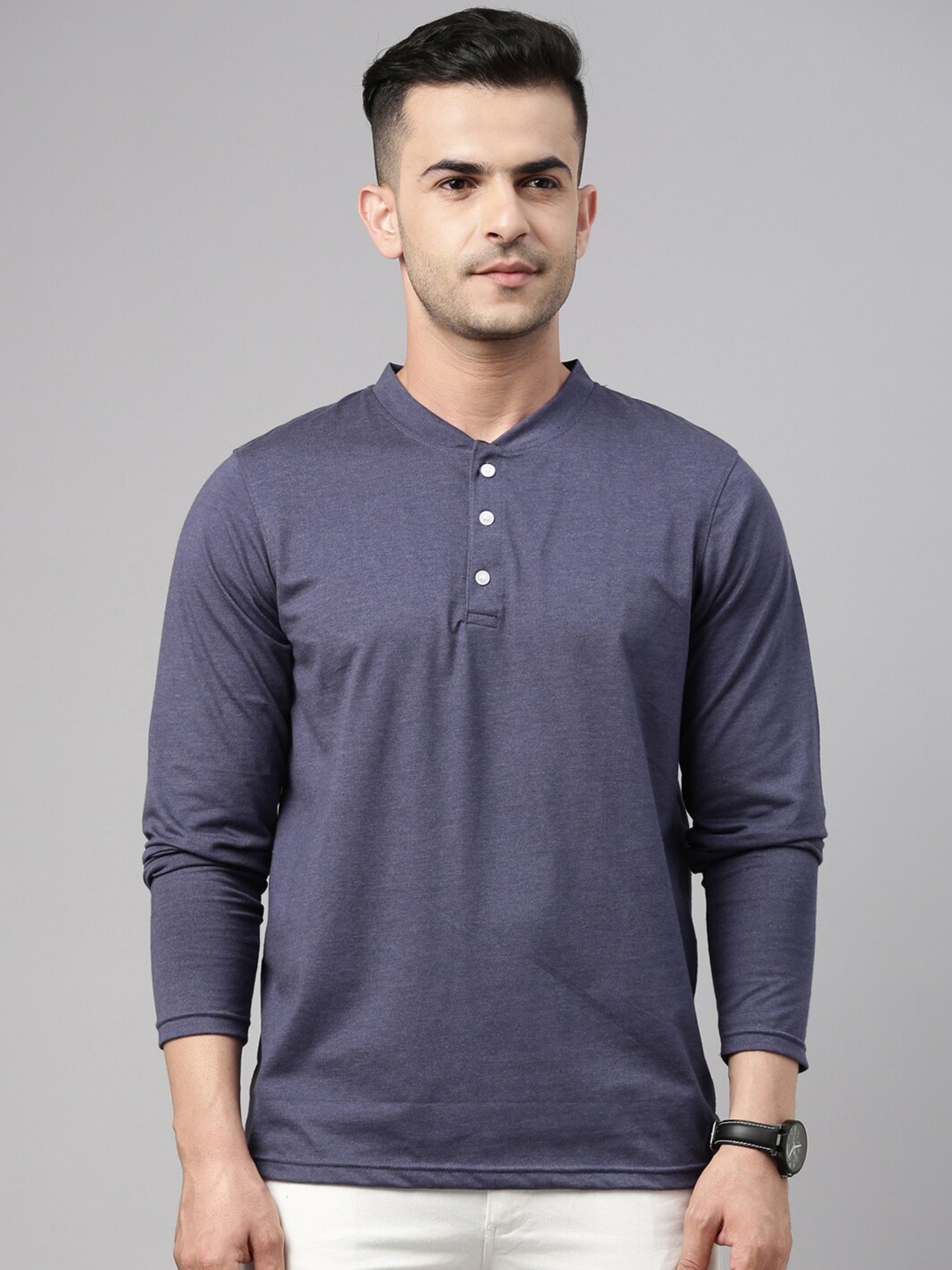 

Bushirt Men Blue Pure Cotton Henley Neck Pure Cotton T-shirt