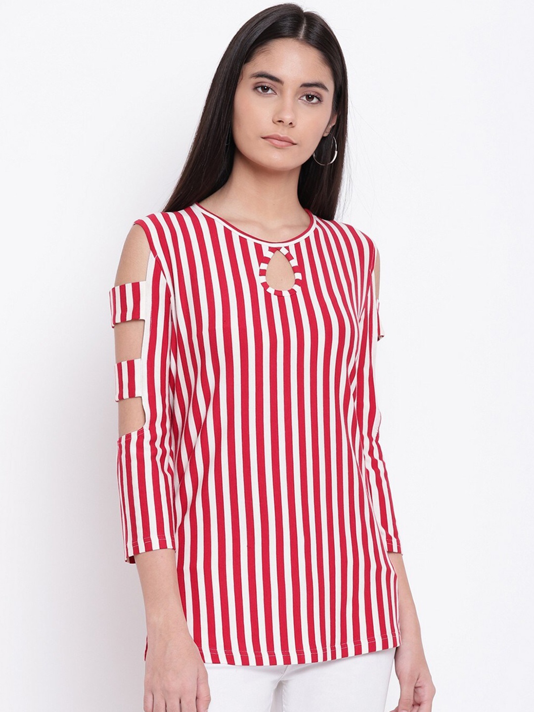 

RIVI Red Striped Keyhole Neck Cotton Regular Top