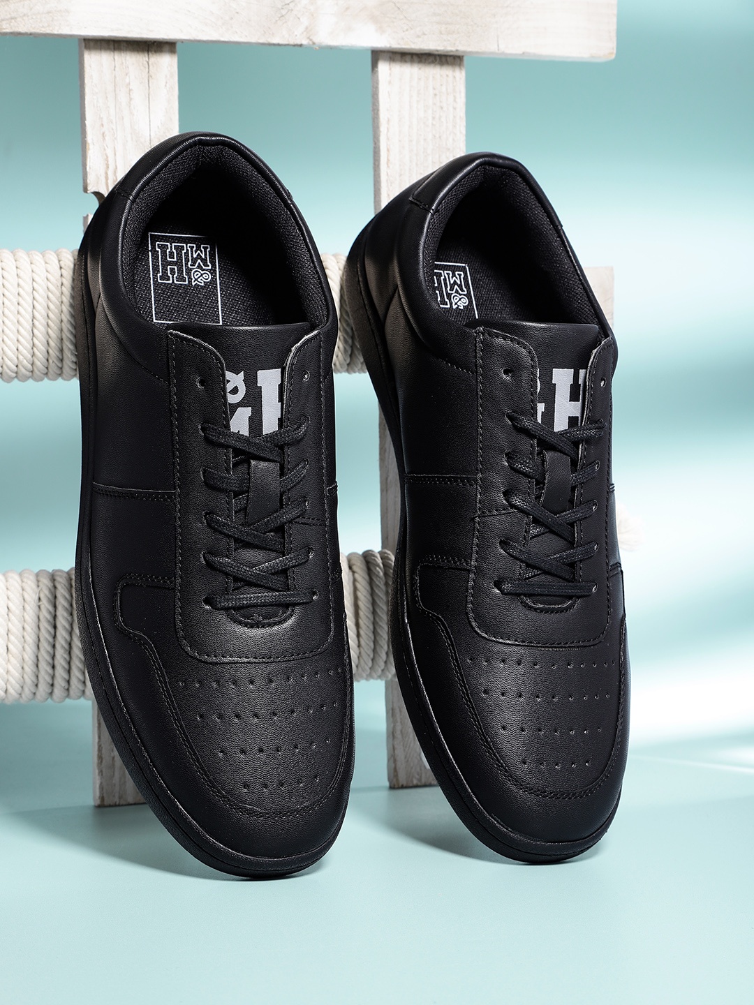 

Mast & Harbour Men Black Solid Sneakers with Perforated Detail