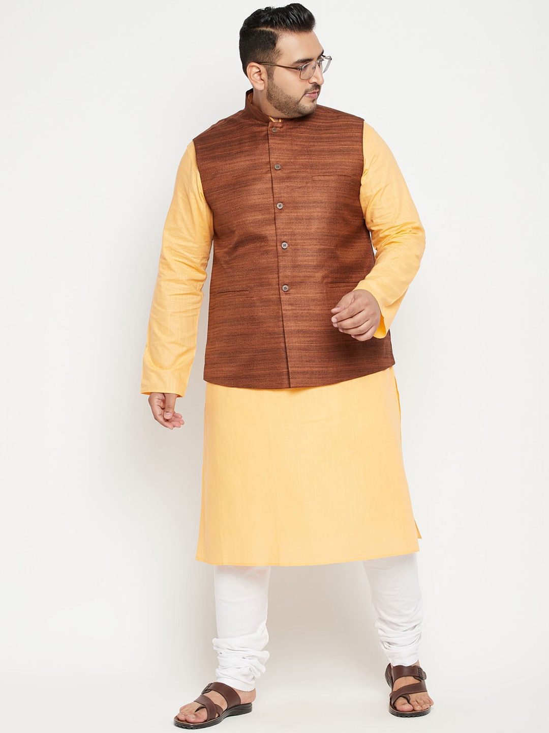 

VASTRAMAY Men Yellow & BrownWoven Designed Straight Kurta with Churidar & Jacket