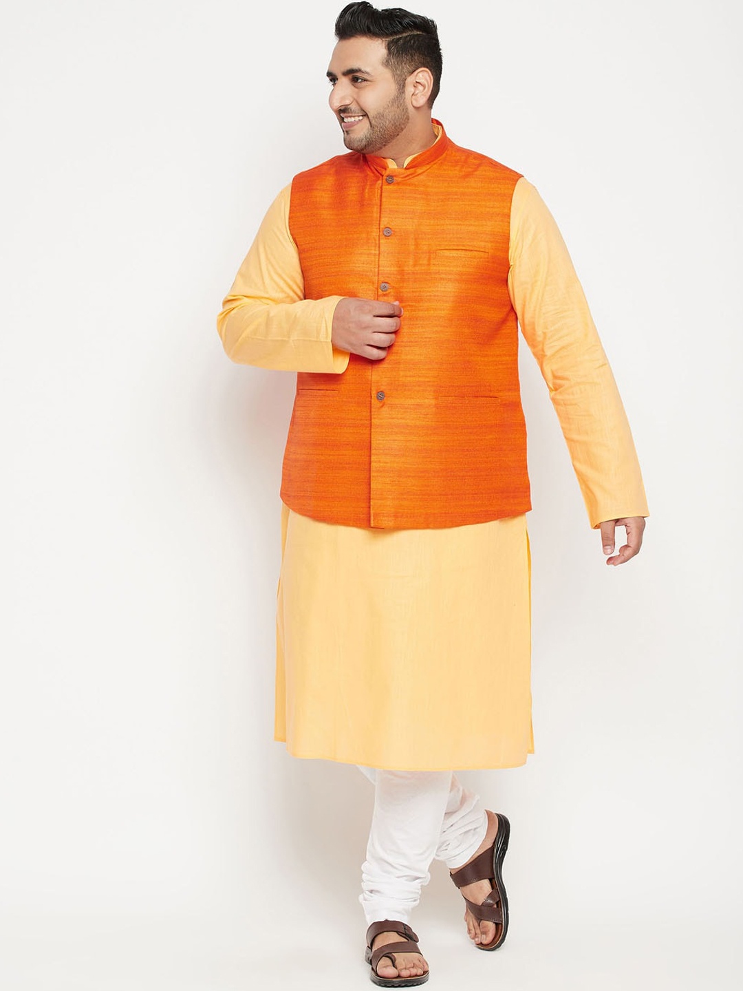 

VASTRAMAY Men Yellow & Orange Woven Designed Straight Kurta with Churidar & Jacket