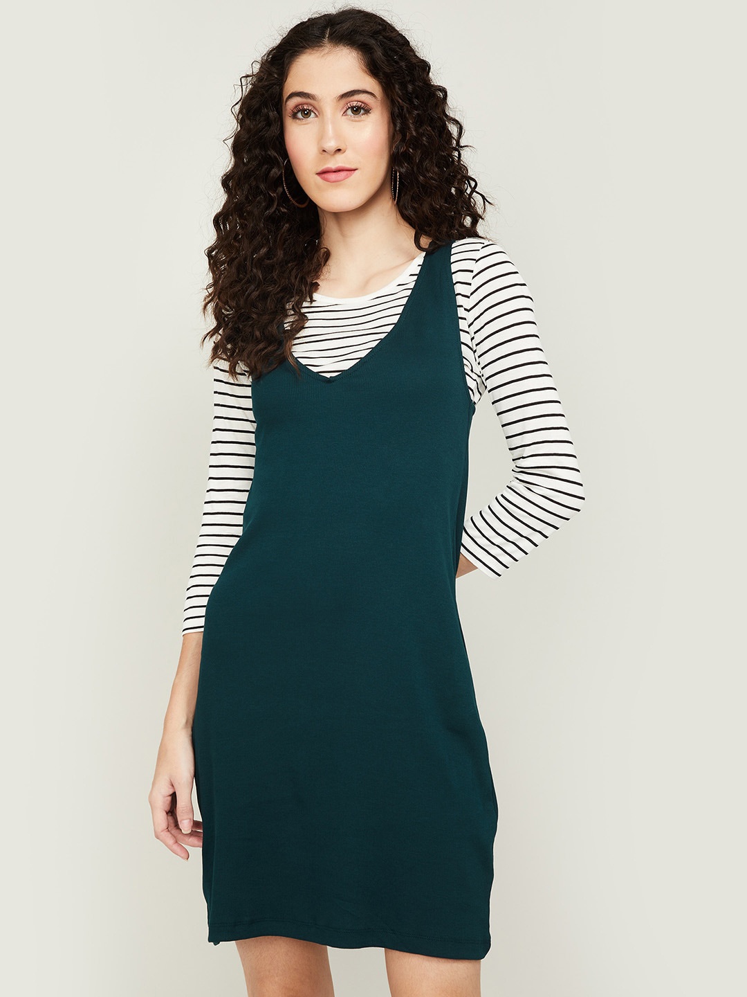 

Bossini Green Cotton Pinafore Dress With Shirt