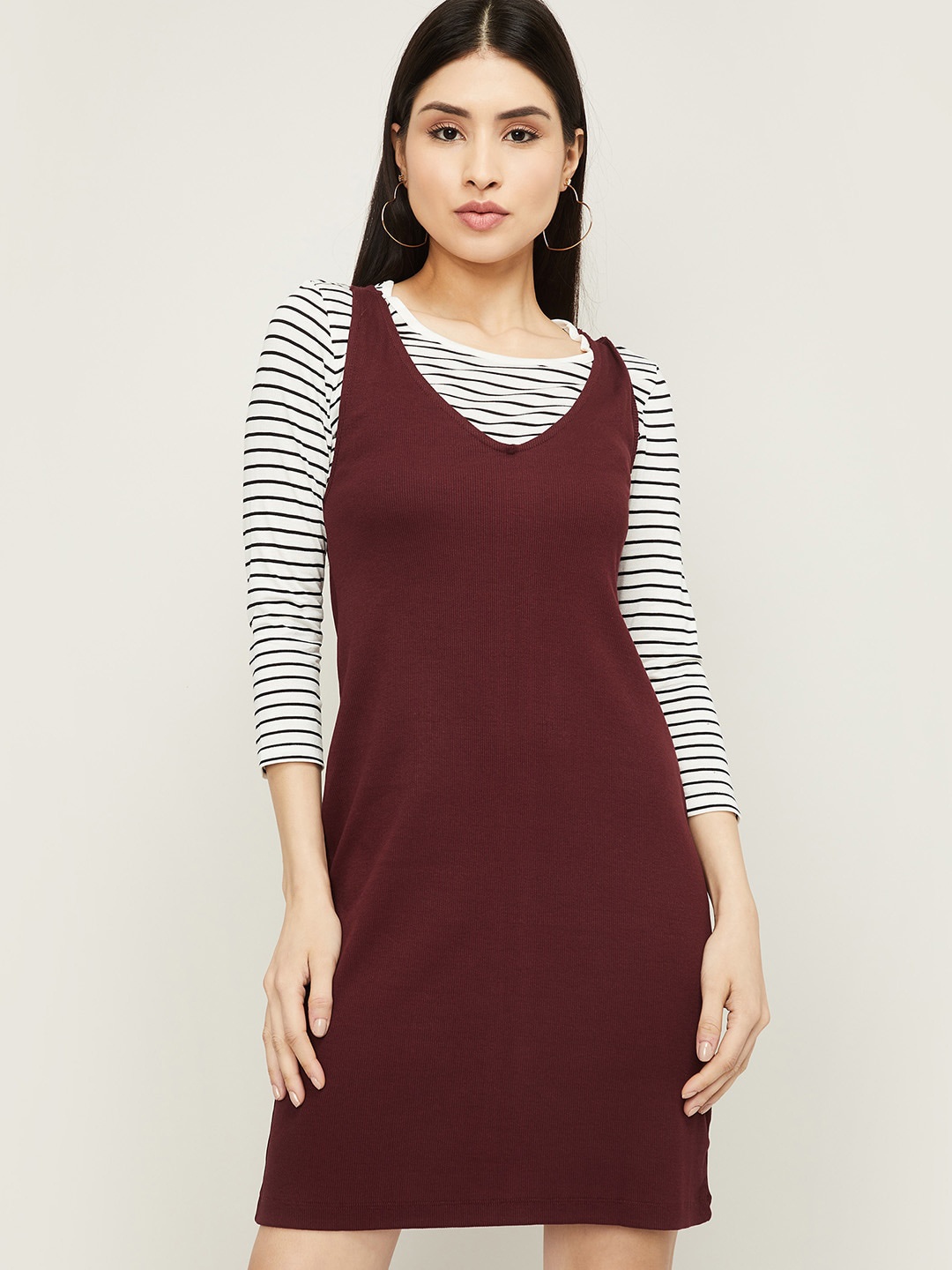 

Bossini Burgundy Cotton Pinafore Dress With Shirt