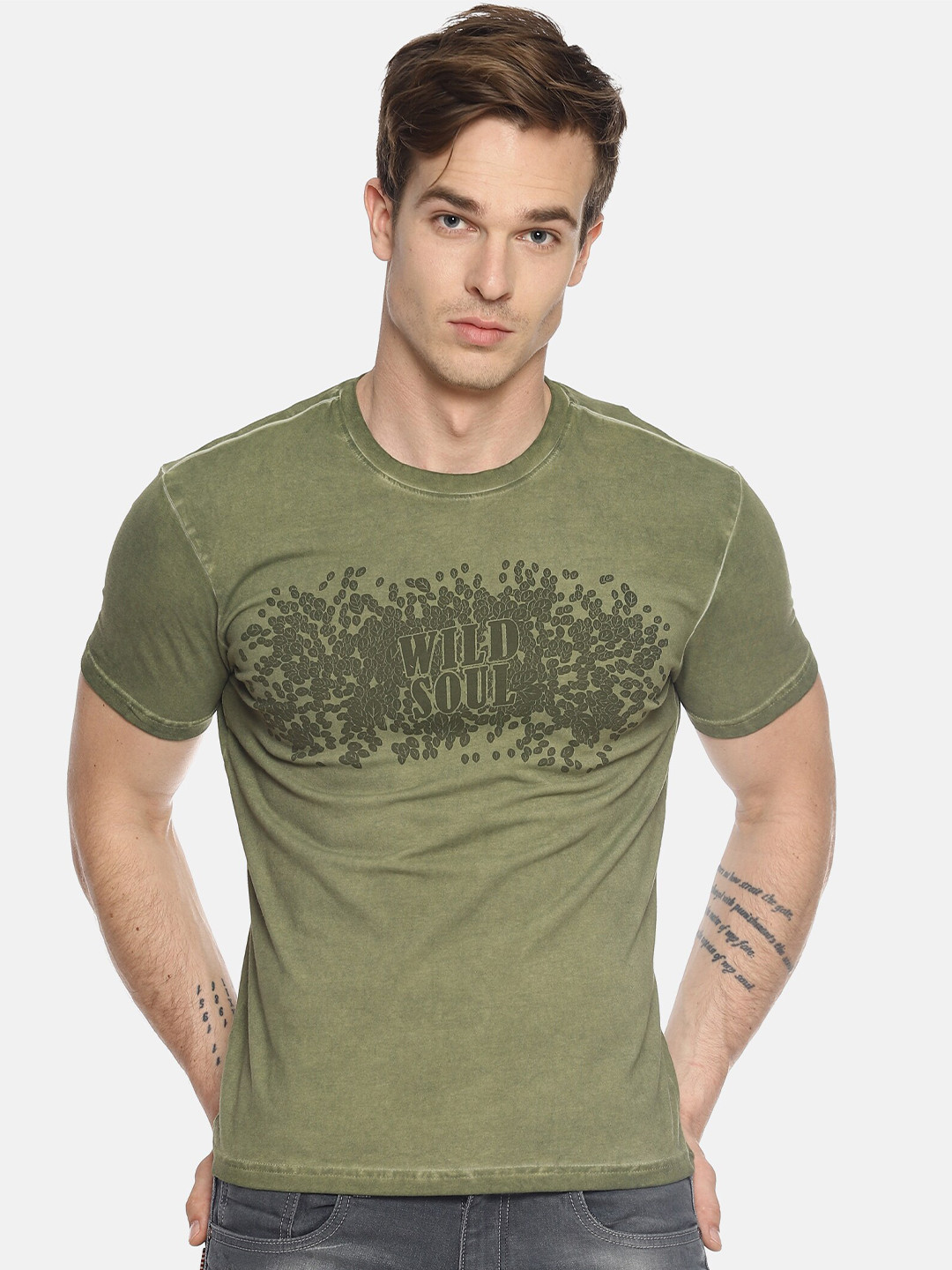 

Wolfpack Men Green Printed Cotton T-shirt