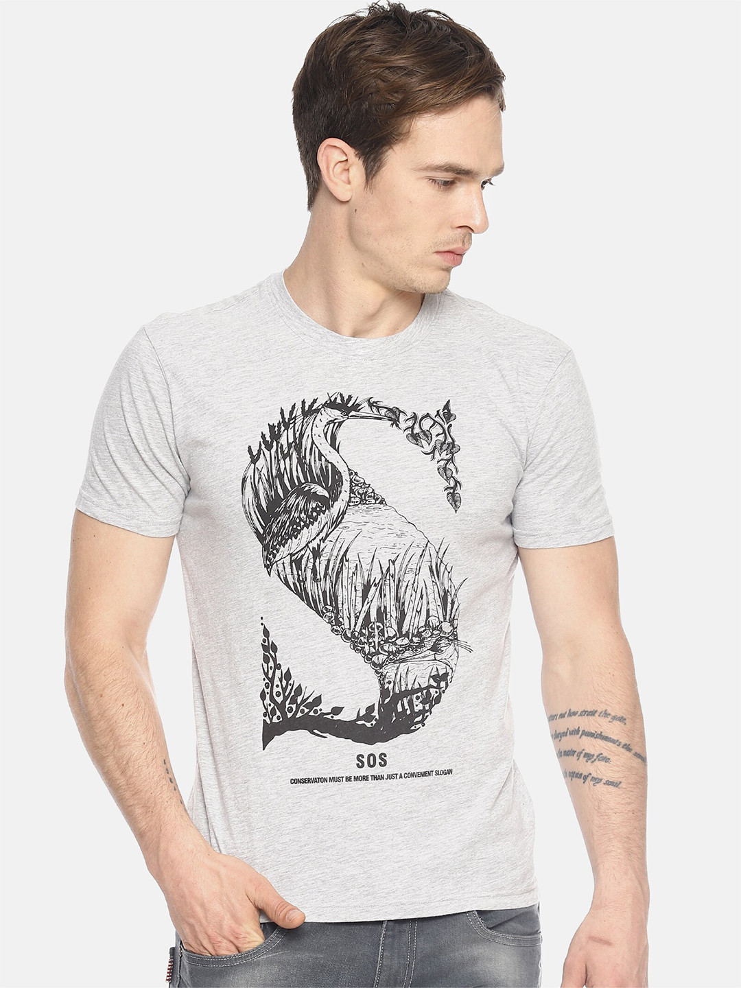 

Wolfpack Men Grey Melange Printed Cotton T-shirt