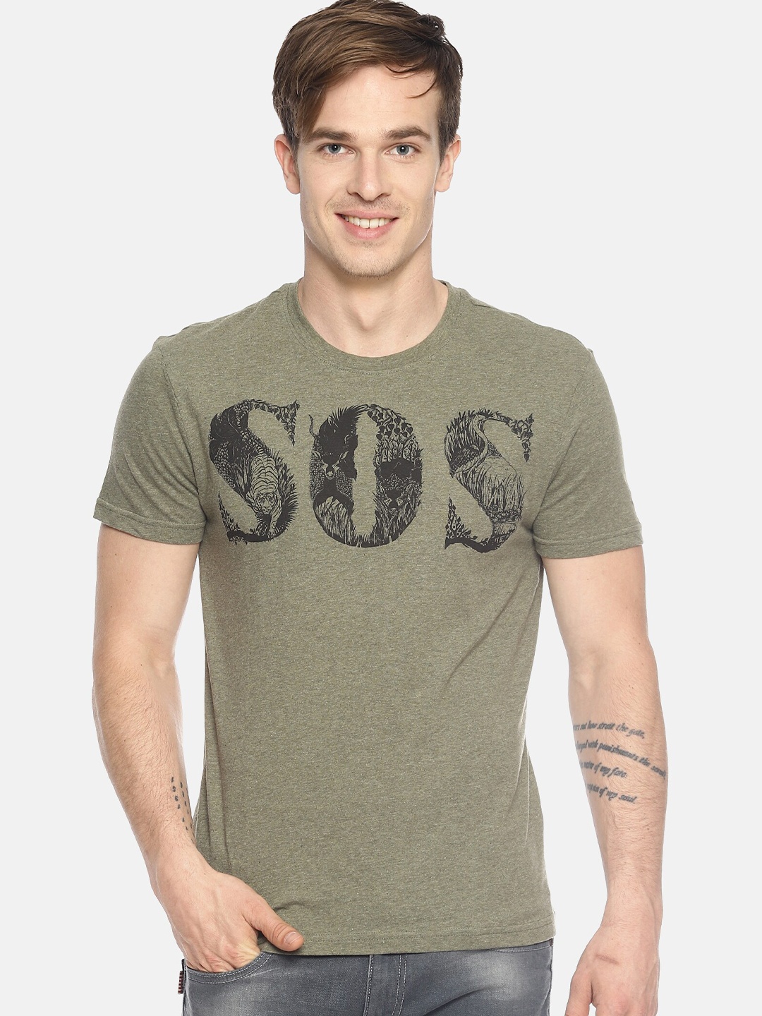

Wolfpack Men Green Printed Cotton T-shirt