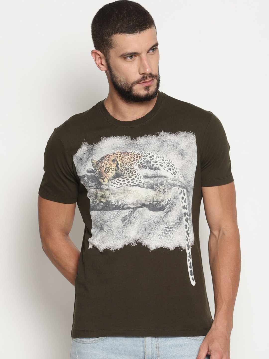 

Wolfpack Men Olive Green Printed T-shirt