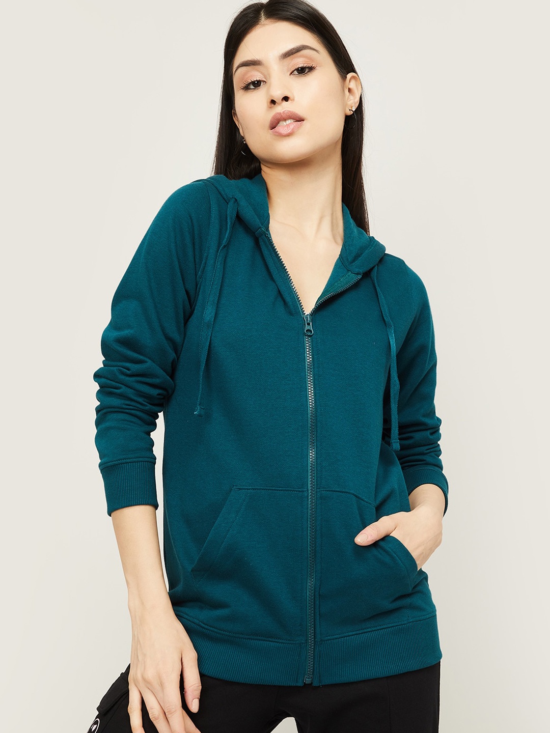 

Fame Forever by Lifestyle Women Teal Blue Hooded Cotton Open Front Sweatshirt