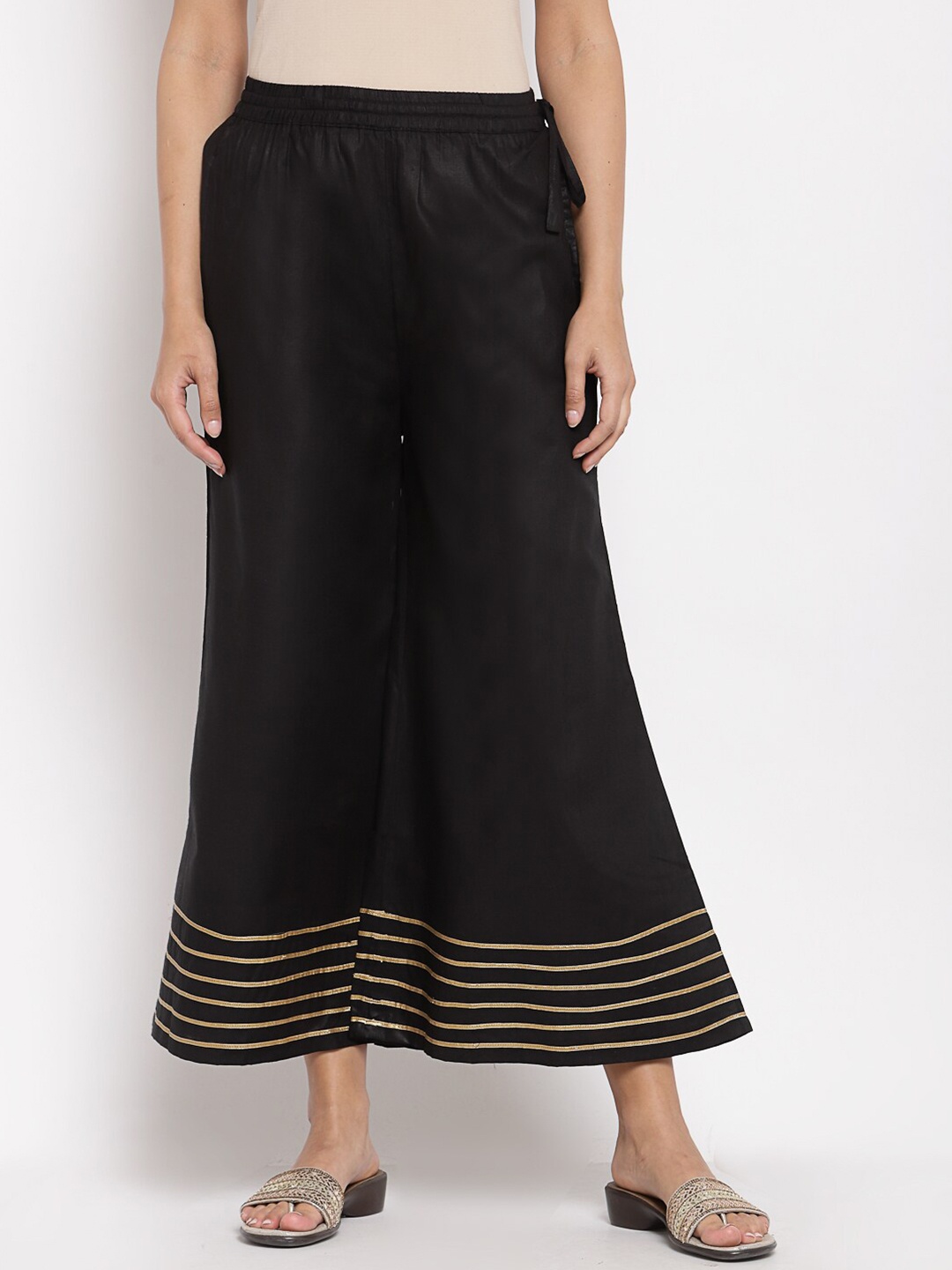 

Myshka Women Black & Gold-Toned Knitted Cotton Ethnic Palazzos