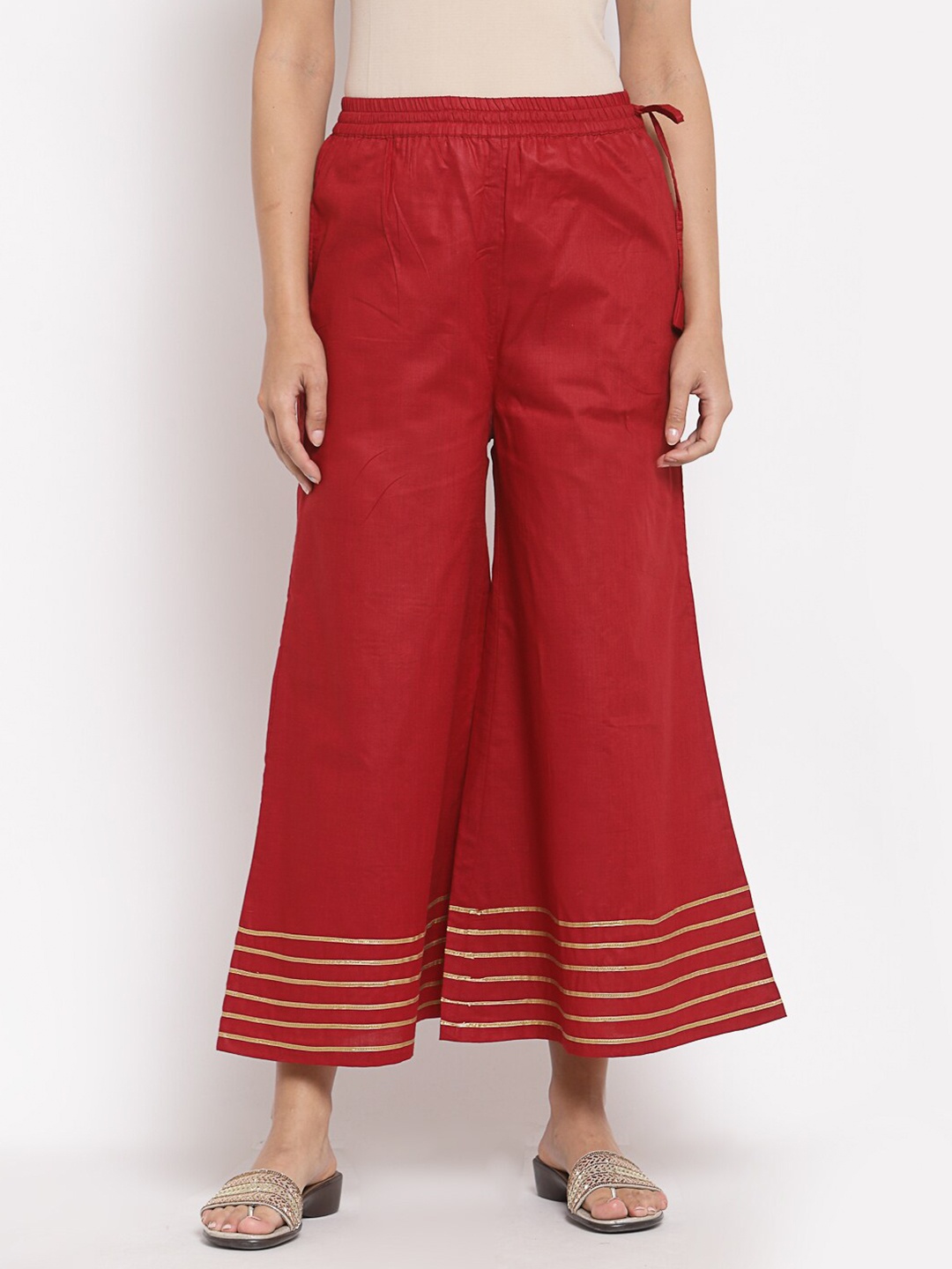 

Myshka Women Maroon & Gold-Toned Knitted Cotton Ethnic Palazzos