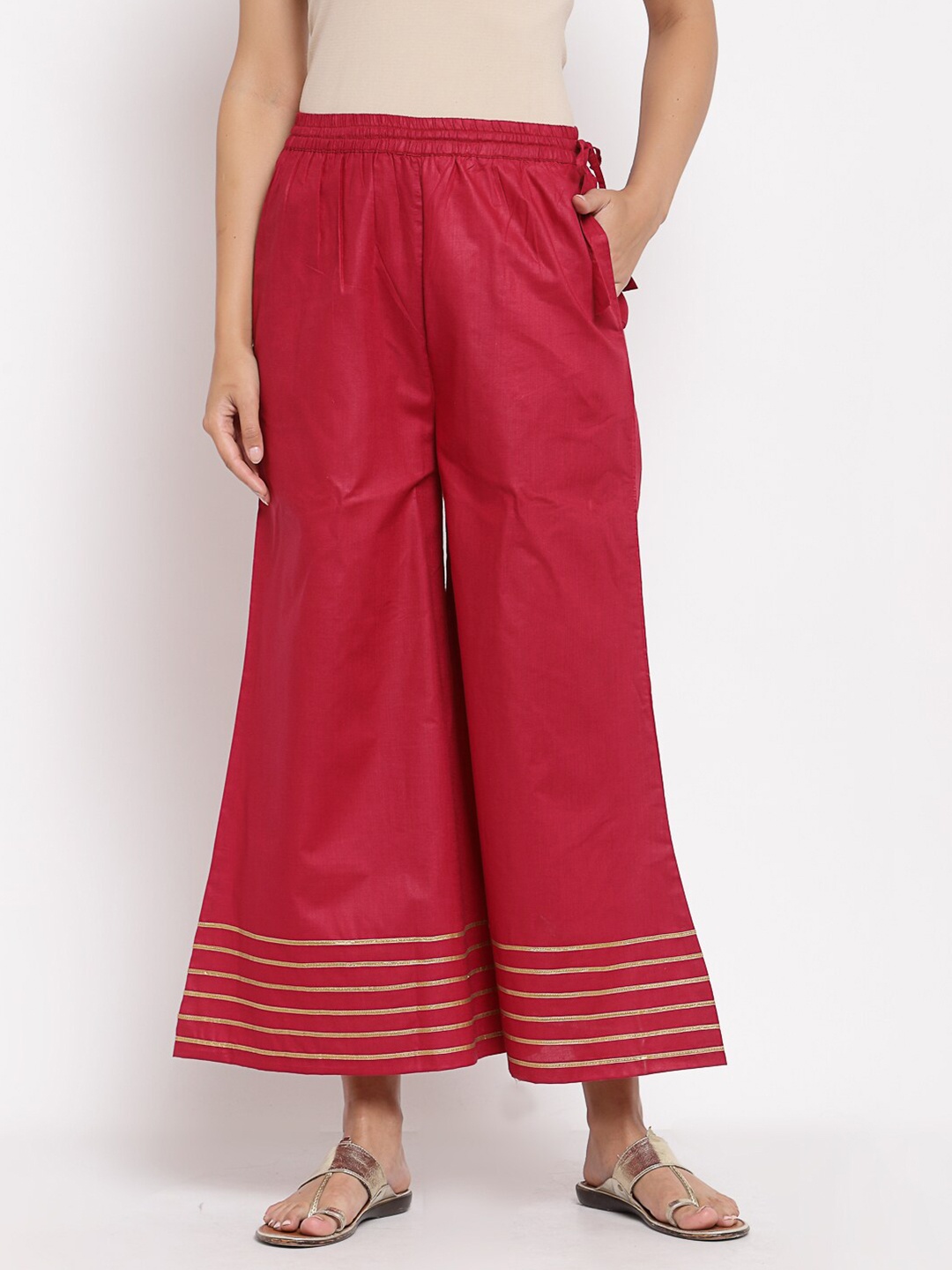 

Myshka Women Maroon & Gold-Toned Knitted Cotton Ethnic Palazzos