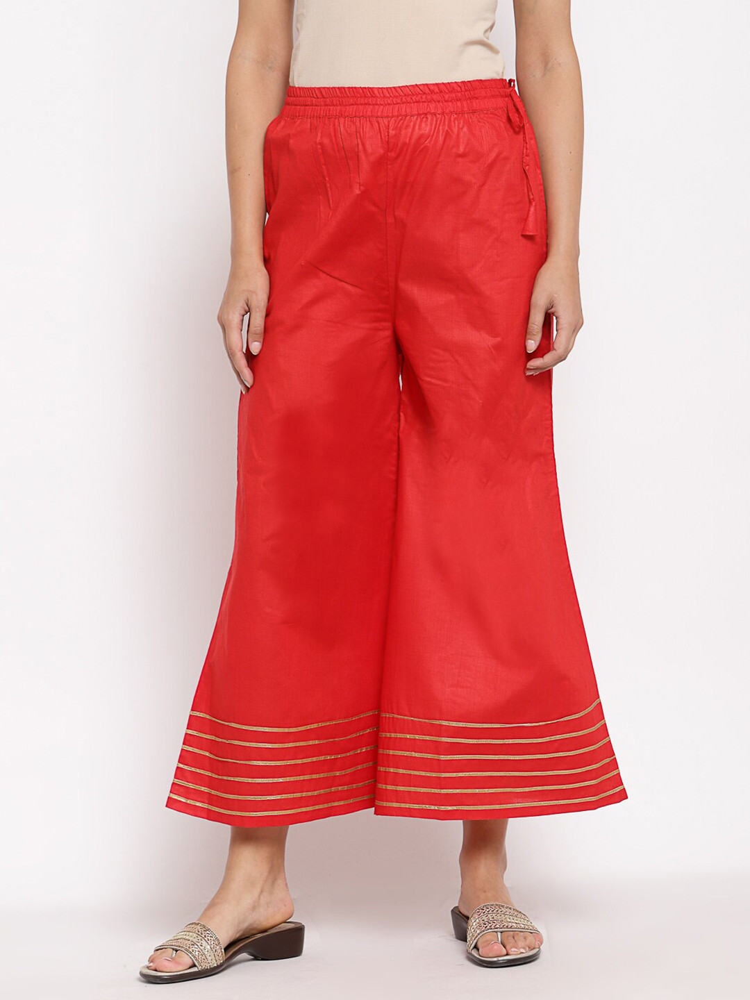 

Myshka Women Red & Gold-Toned Knitted Cotton Ethnic Palazzos