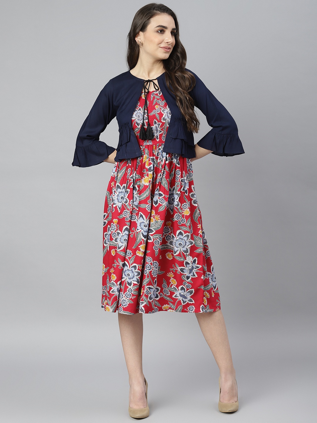 

DEEBACO Red Floral Dress With Ruffle Shrug