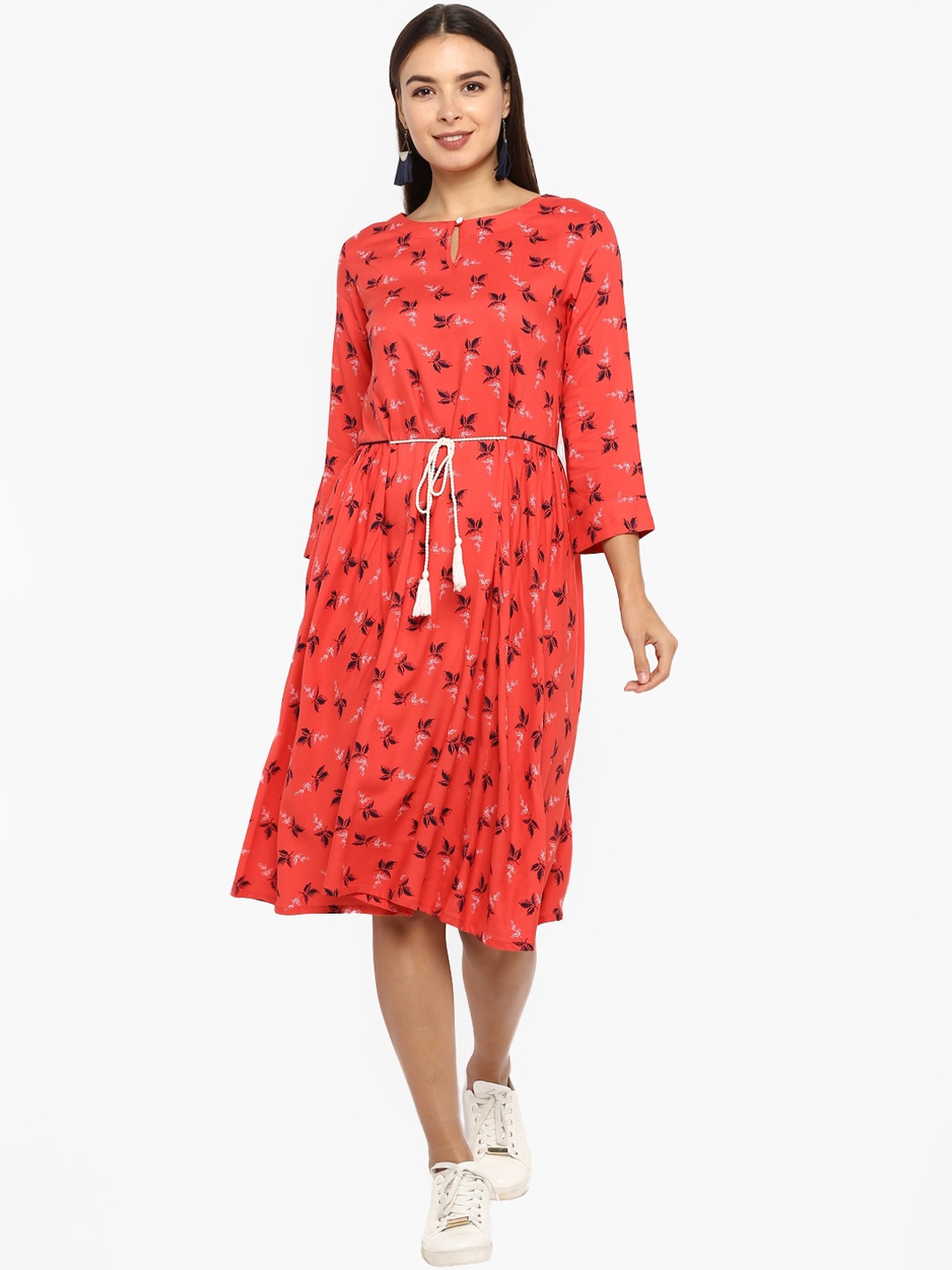 

DEEBACO Pink Flared Floral Printed Dori Waisline Dress
