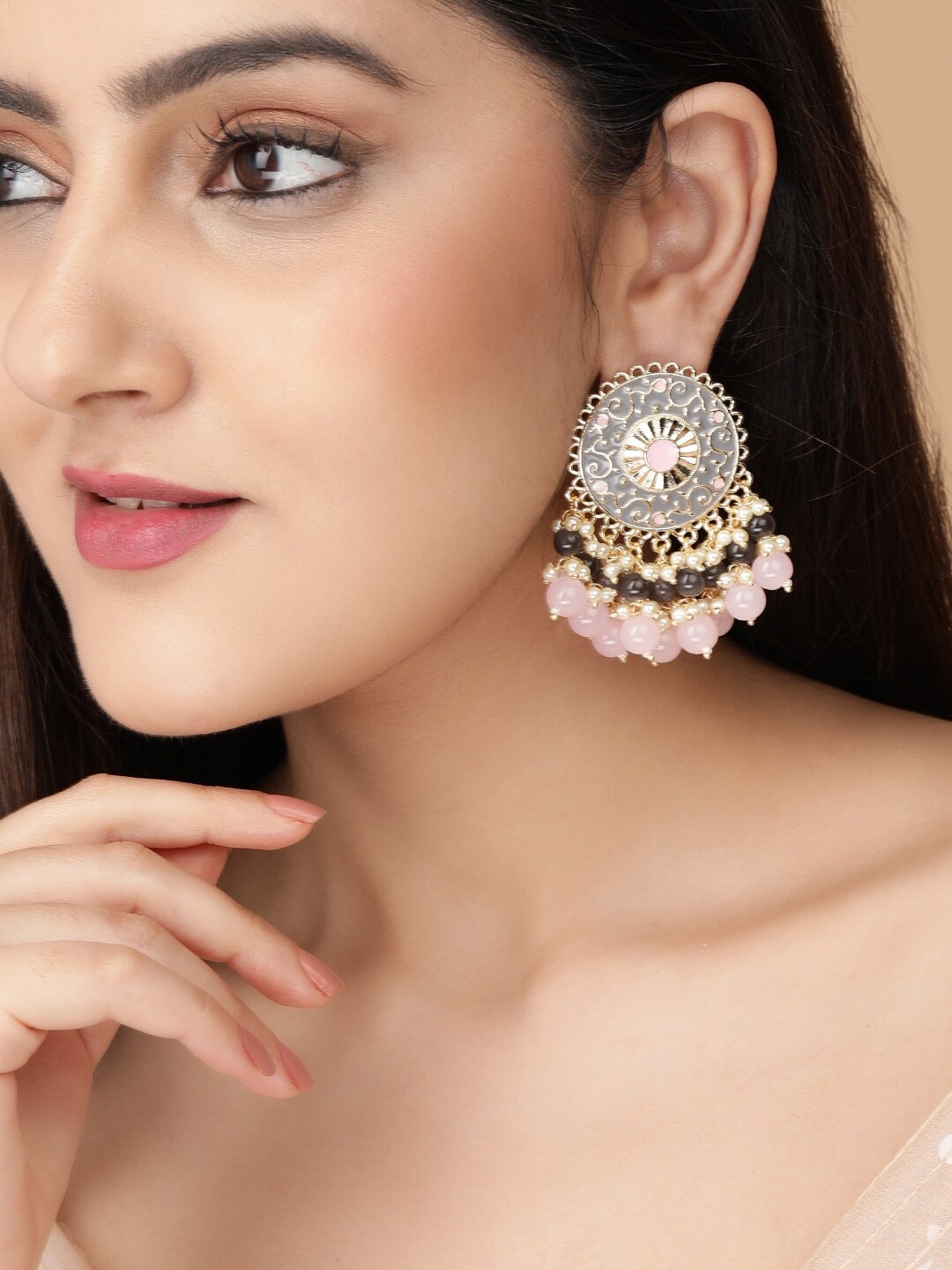 

Rubans Gold-Toned & Pink Handcrafted Circular Drop Earrings