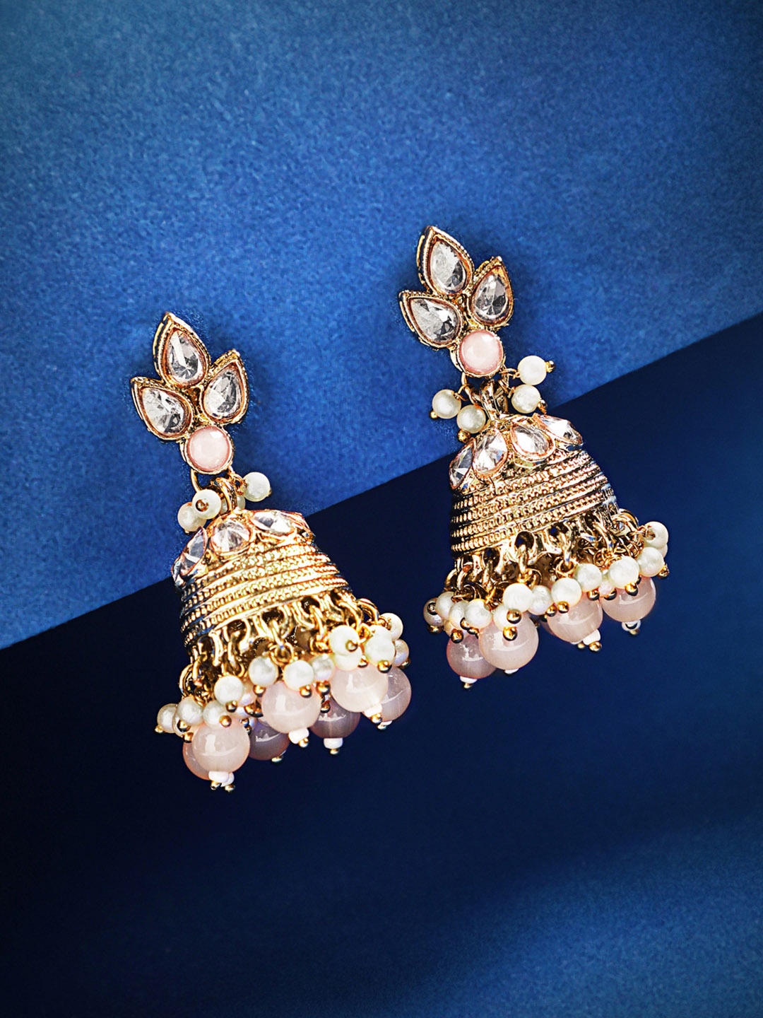 

Rubans Pink & White-Toned & Gold-Plated Handcrafted Studded Dome Jhumkas Earrings