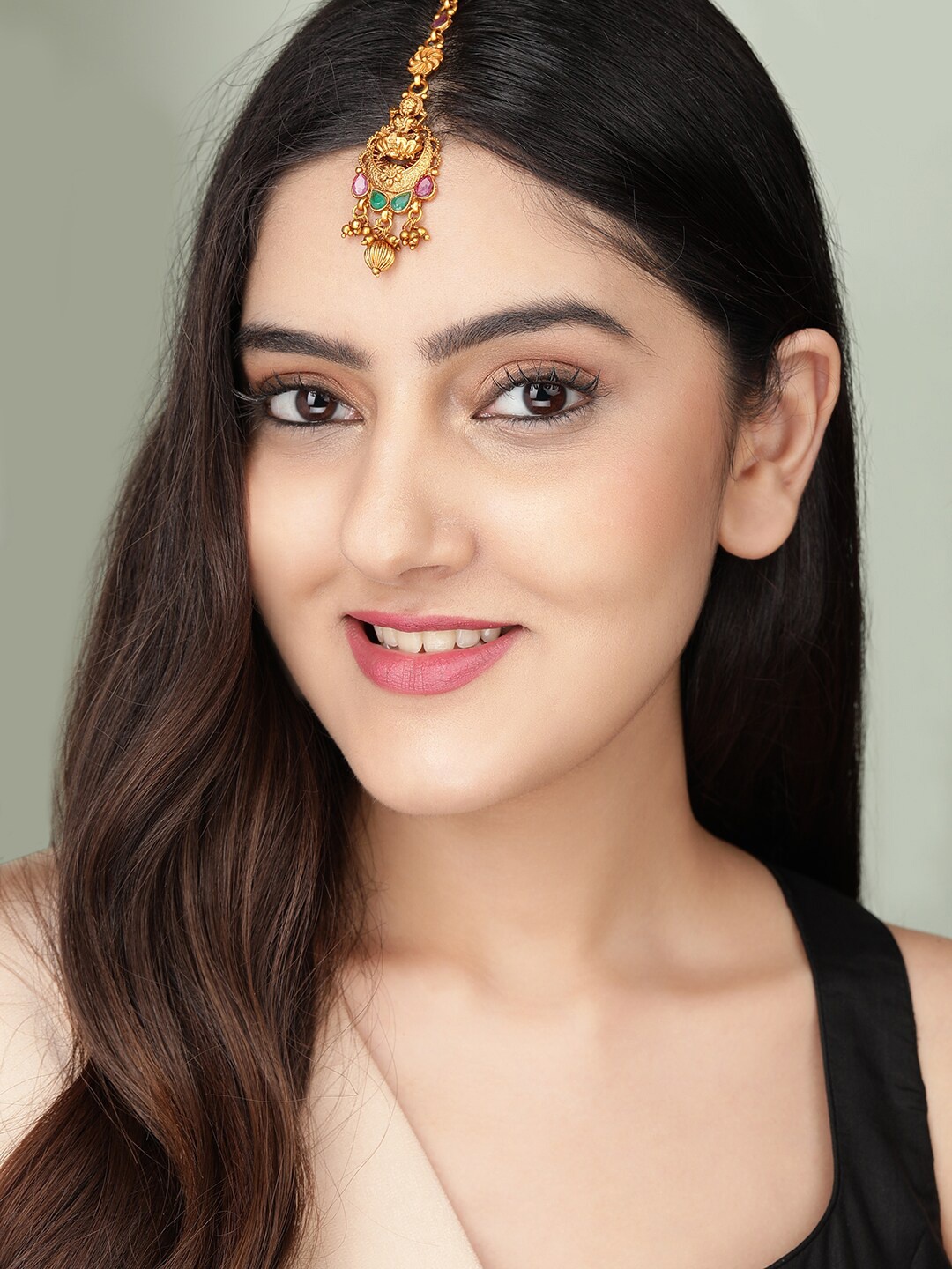 

Rubans Gold-Plated Pink & Green Stone-Studded Handcrafted Maang Tikka