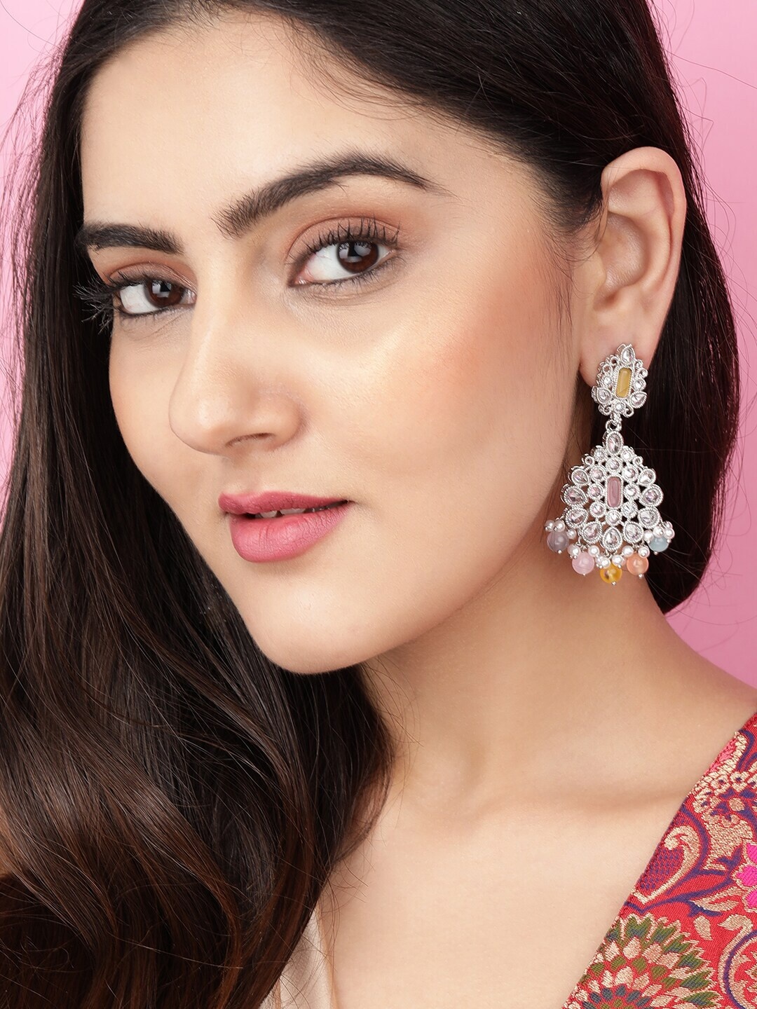 

Rubans Silver-Plated AD Studded Drop Earrings