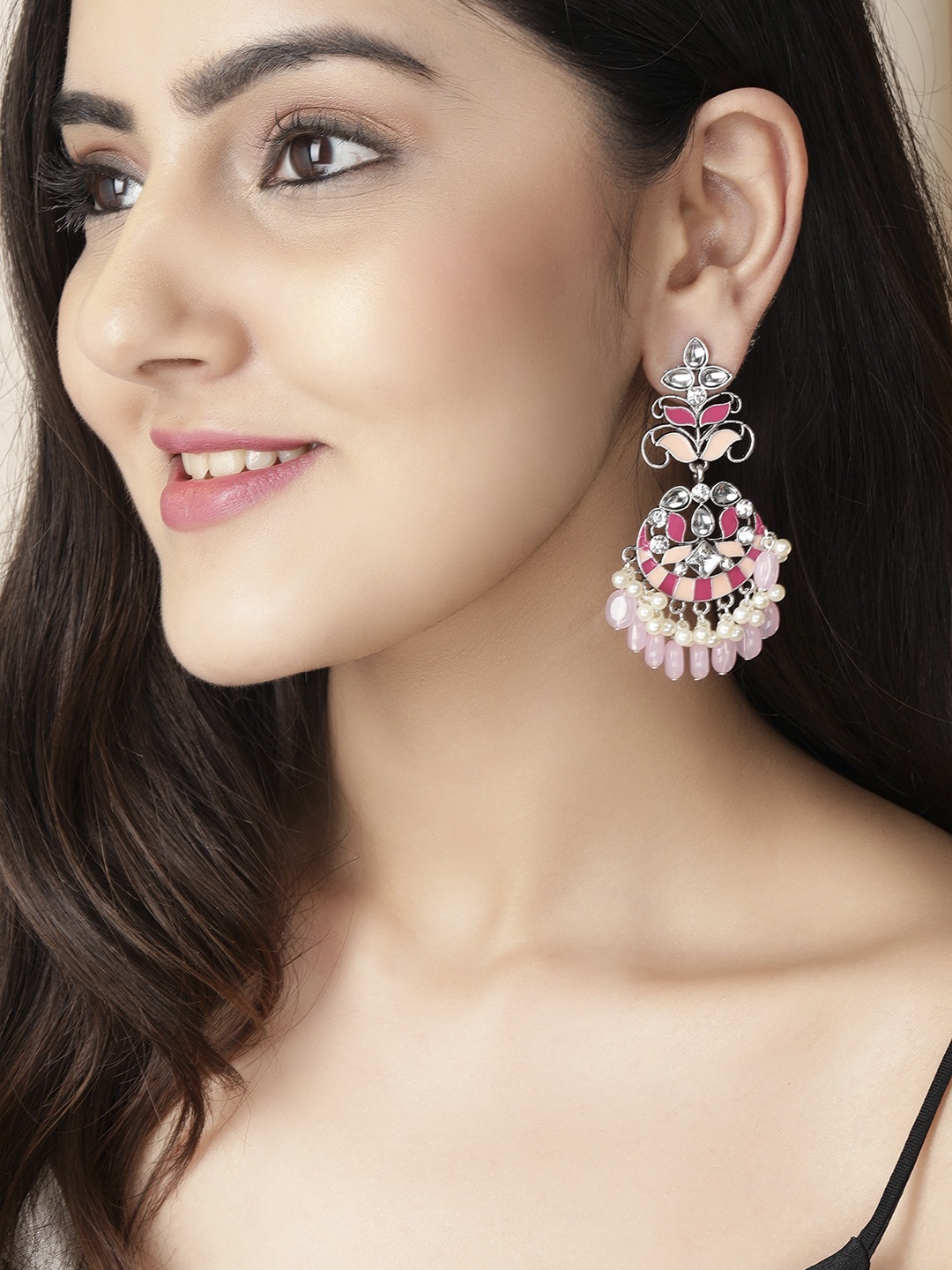 

Rubans Silver-Plated Pink & White Crescent Shaped Drop Earrings