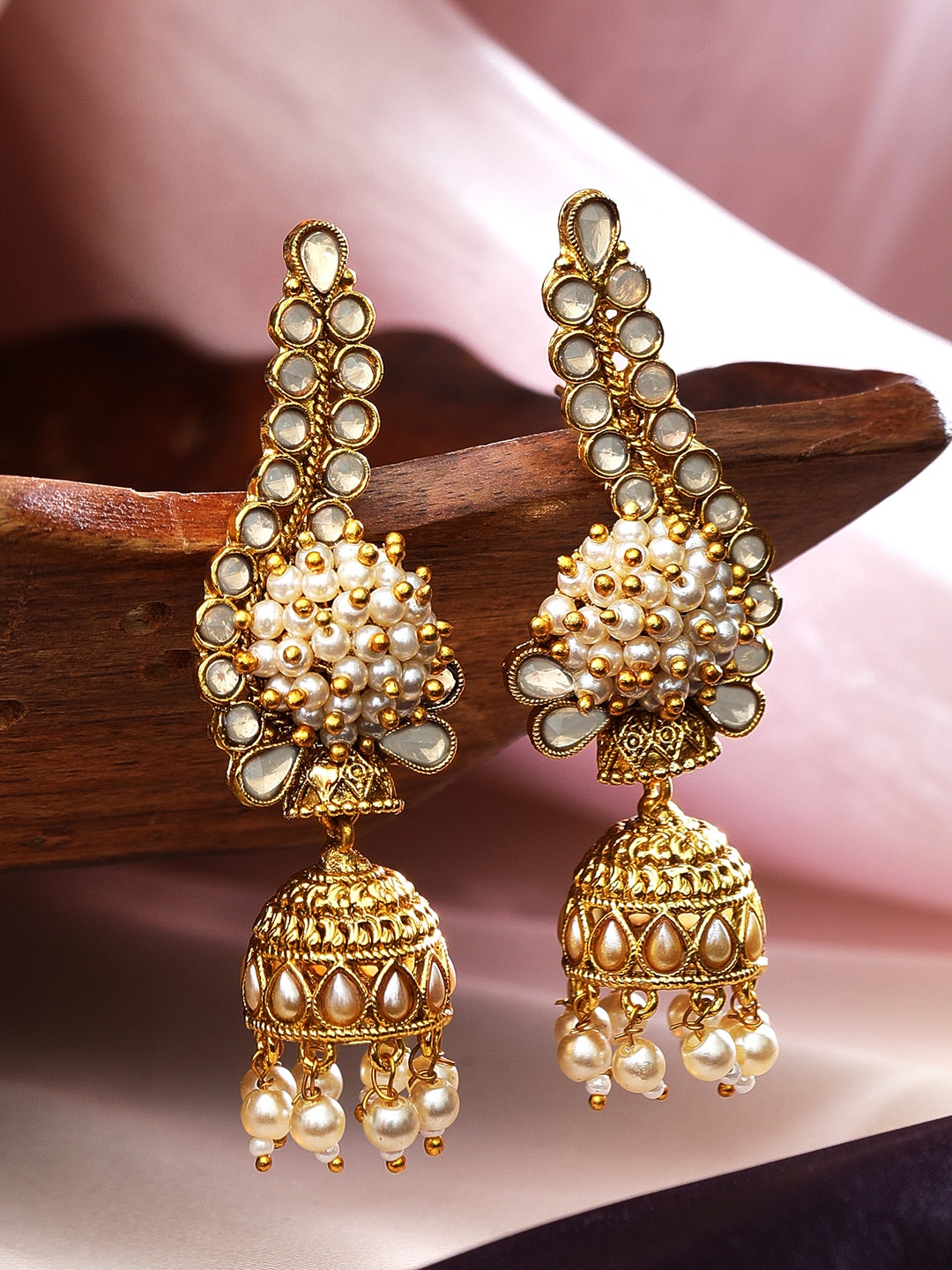 

Rubans White-Toned & Gold-Plated Dome Shaped Chandelier Jhumkas Earrings