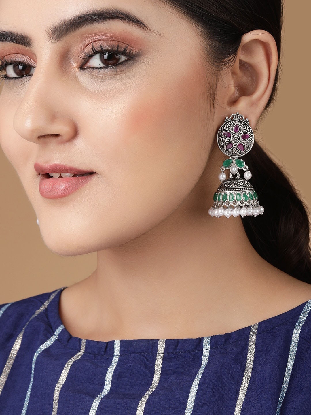

Rubans Silver Plated Oxidised Dome Shaped Jhumkas