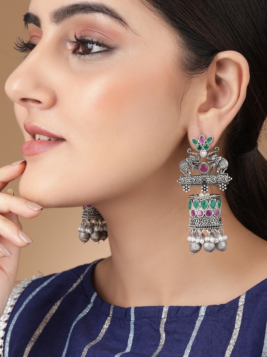 

Rubans Silver-Plated Silver-Toned Dome Shaped Jhumkas Earrings