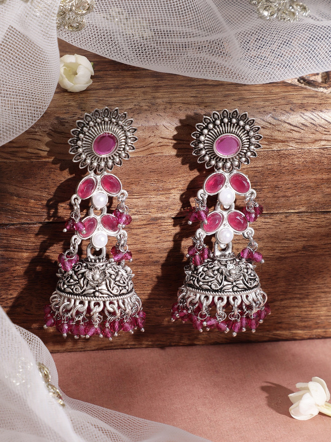 

Rubans Oxidized Silver Plated Pink Stone & Pearl Studded & Beaded Dome Shape Jhumka Earring