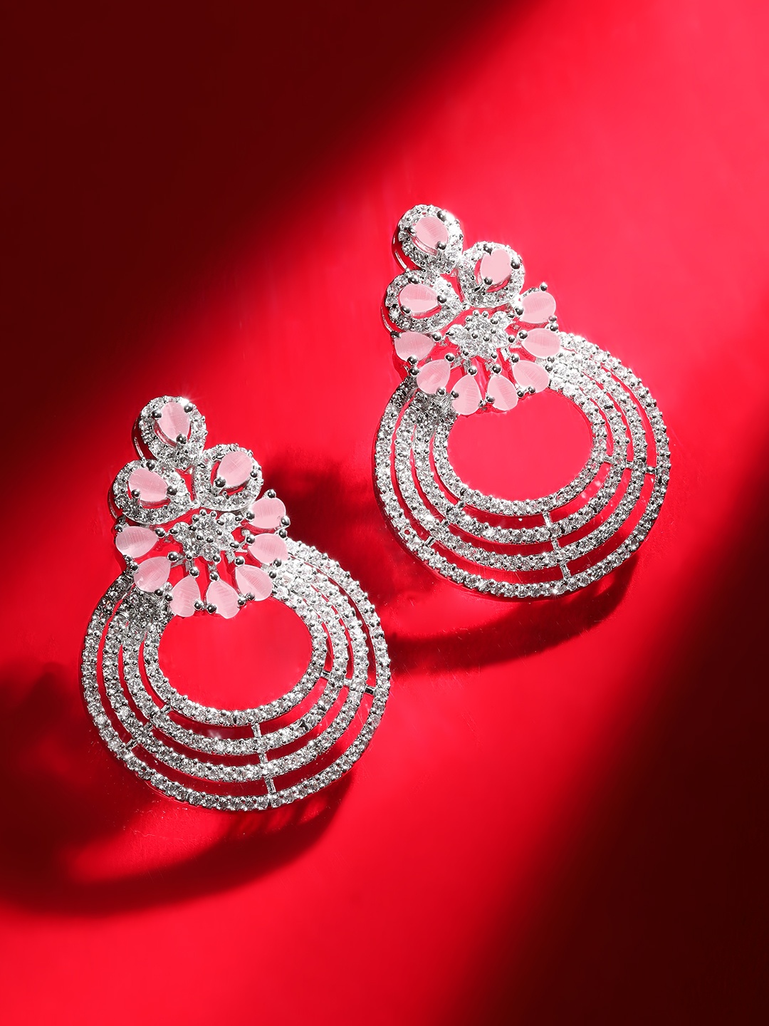 

Rubans Silver-Toned & Pink American Diamond Studded Classic Chandbalis Earrings