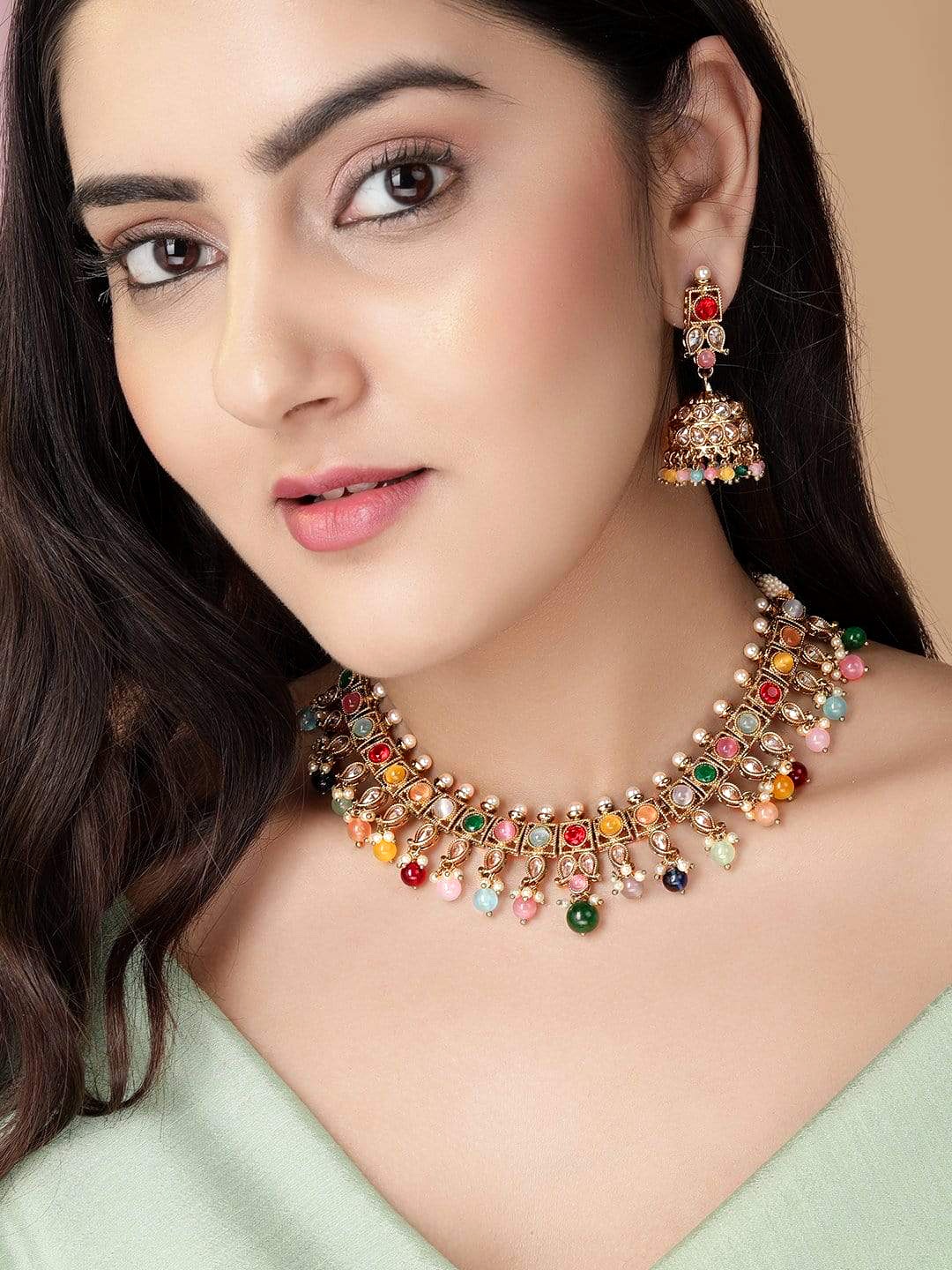 

Rubans Gold-Plated Multi Color CZ Studded pearl beaded Handcrafted Jewellery Set