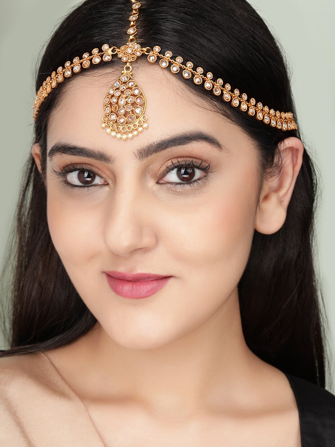 

Rubans Gold-Plated White Stone-Studded & Pearl Beaded Handcrafted Matha Patti