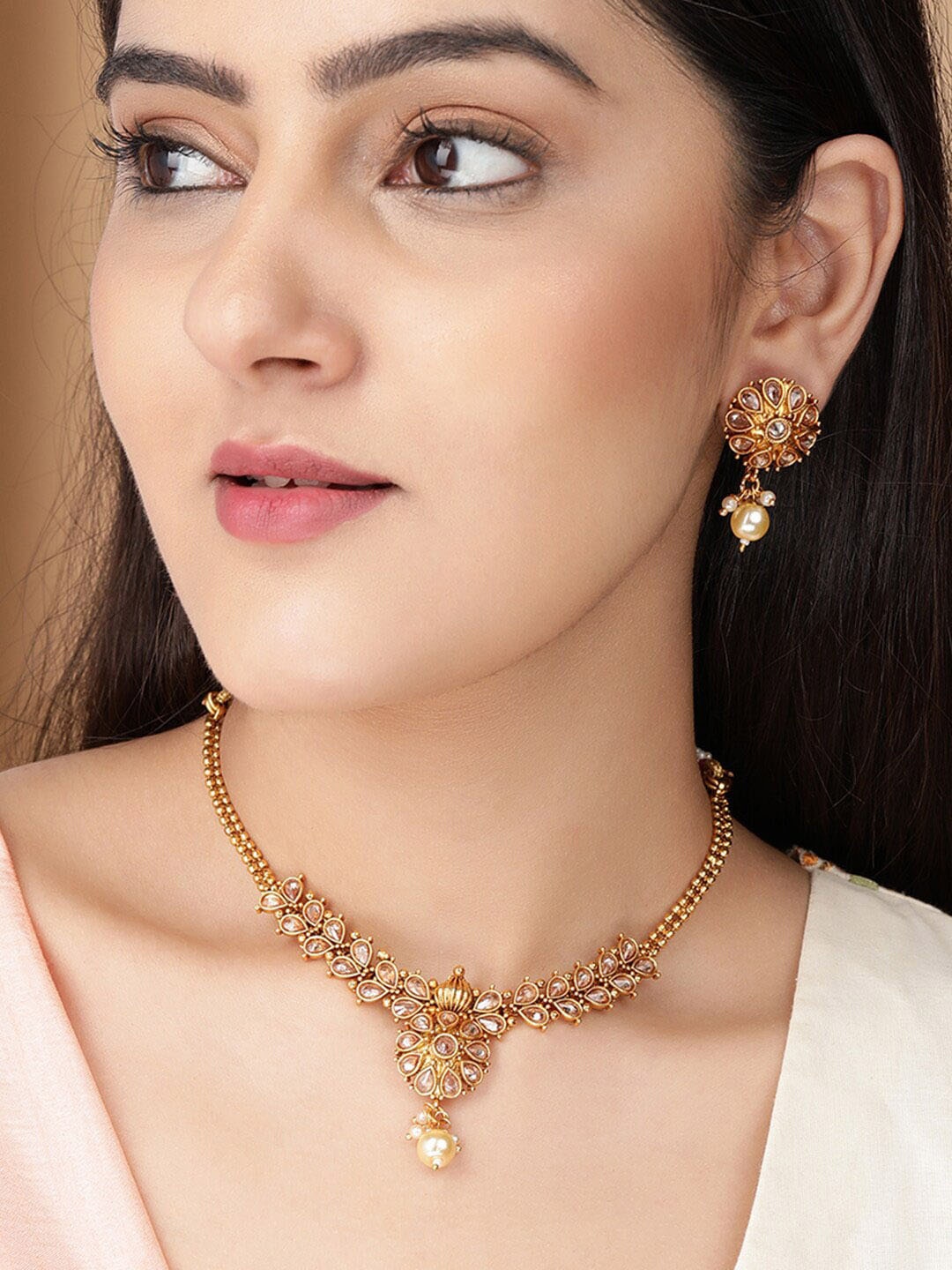 

Rubans Gold-Plated White & Pink Stone-Studded Beaded Handcrafted Jewellery Set