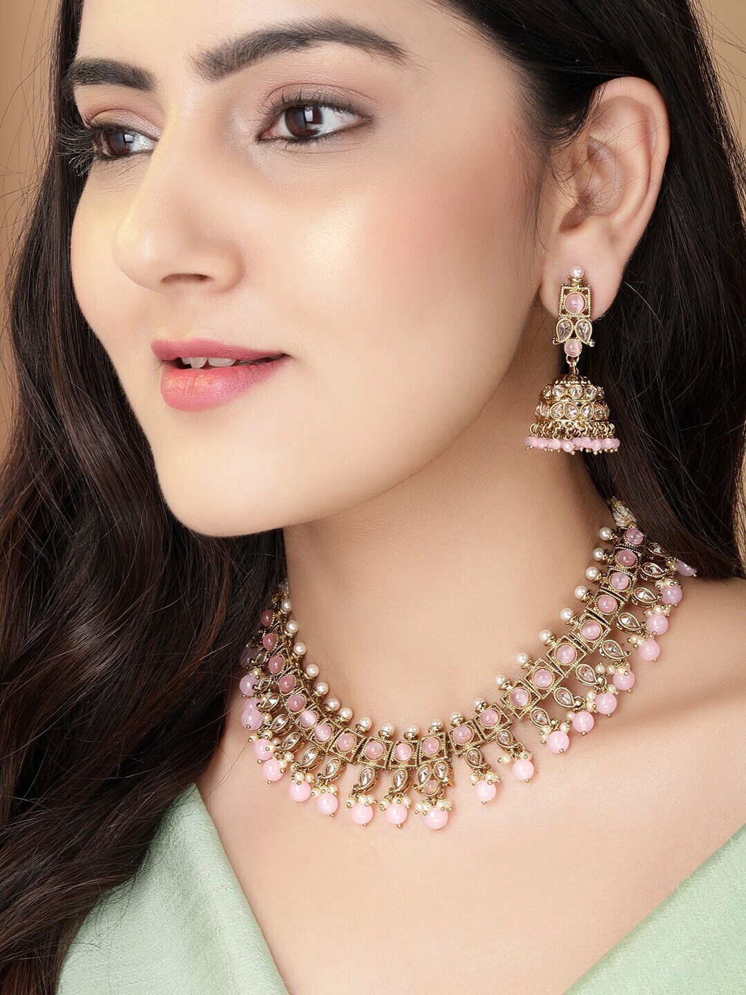 

Rubans Gold-Plated Pink & White Stone-Studded Beaded Handcrafted Jewellery Set