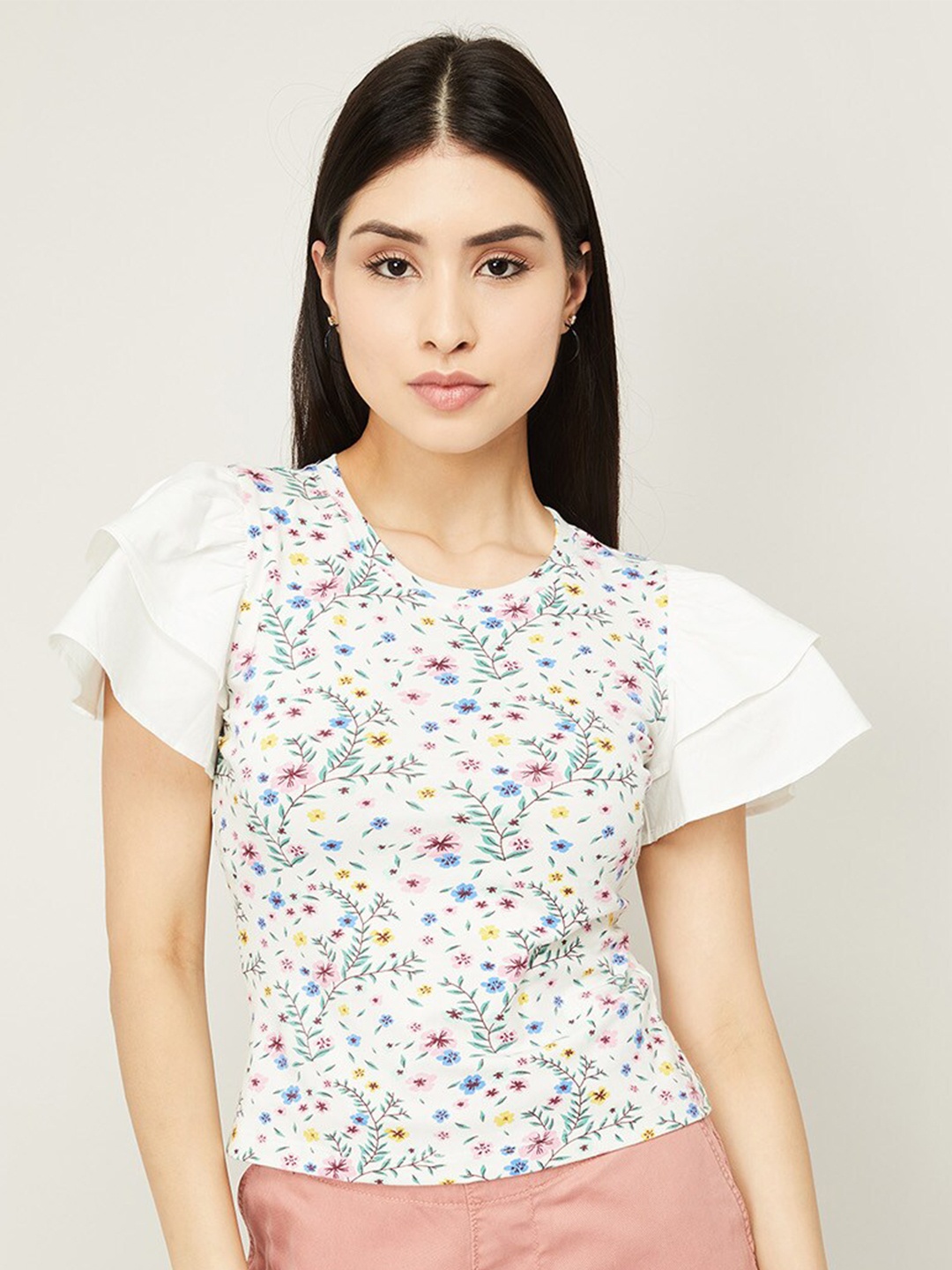 

Ginger by Lifestyle Off White Floral Cotton Regular Top