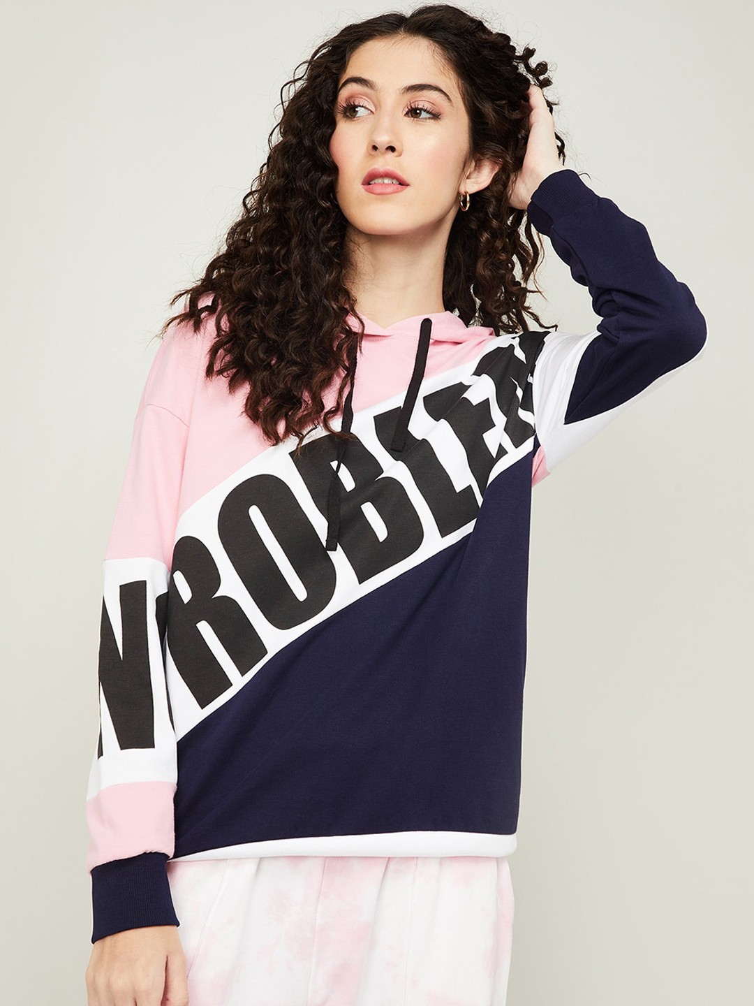 

Ginger by Lifestyle Women Navy Blue & Pink Typography Printed Hooded Sweatshirt