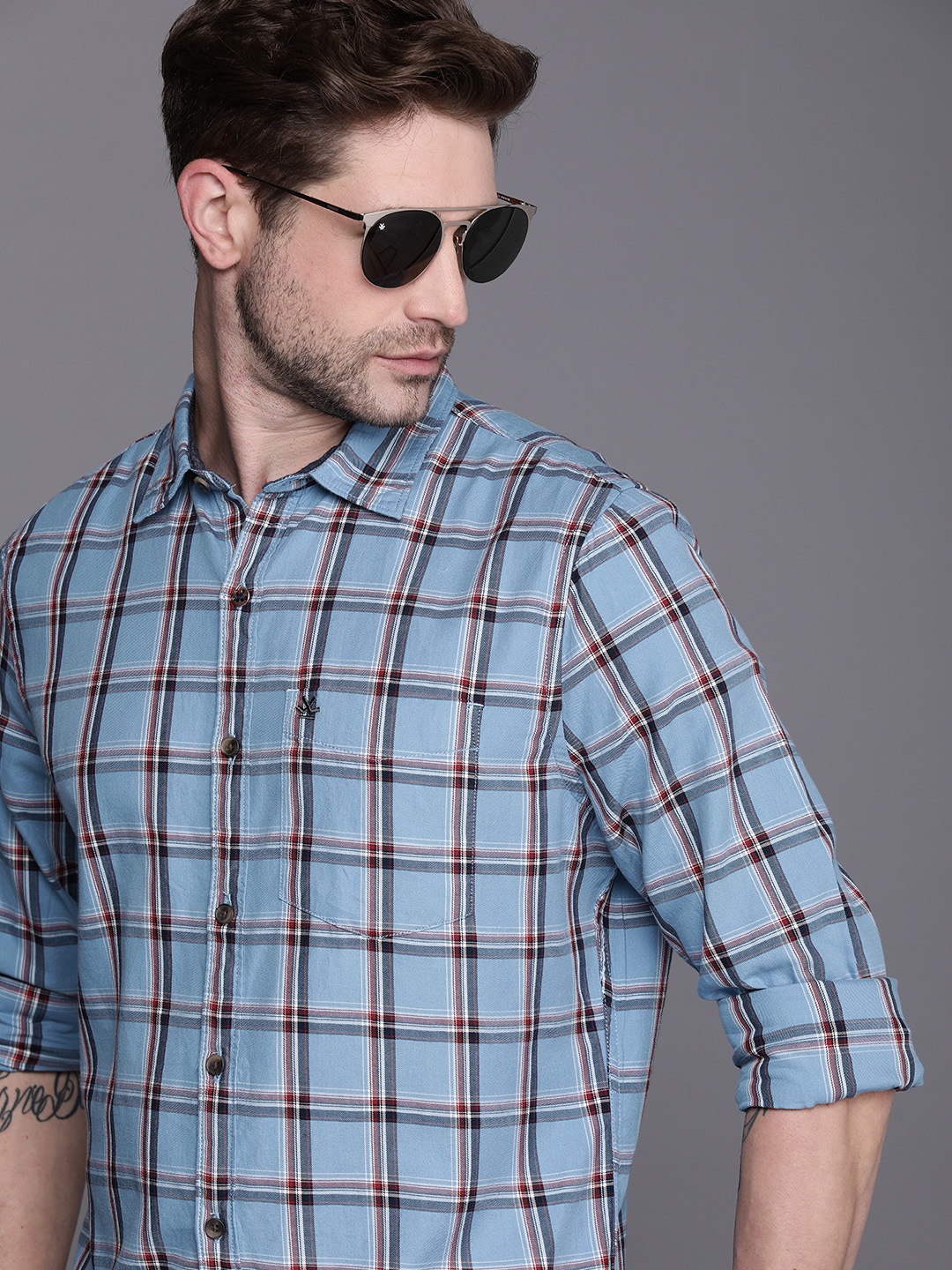

WROGN Men Blue Tartan Checked SLim Fit Pure Cotton Casual Shirt