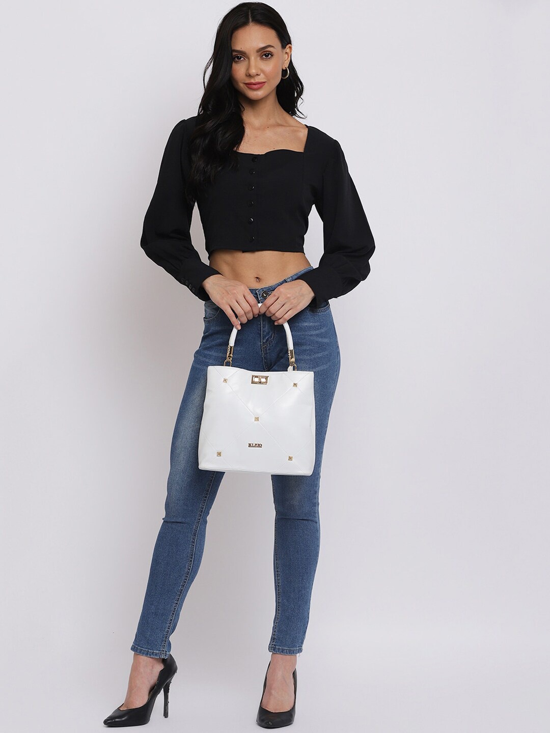 KLEIO Studded Top Handle Handbag, White