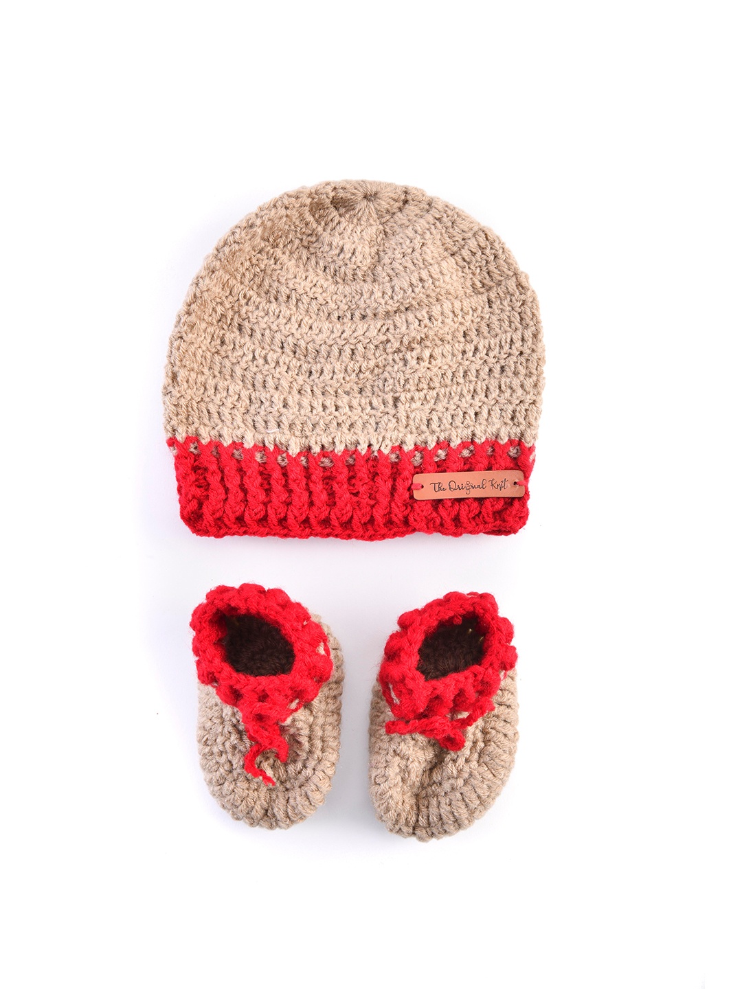 

The Original Knit Unisex Kids Beige & Red Beanie With Booties