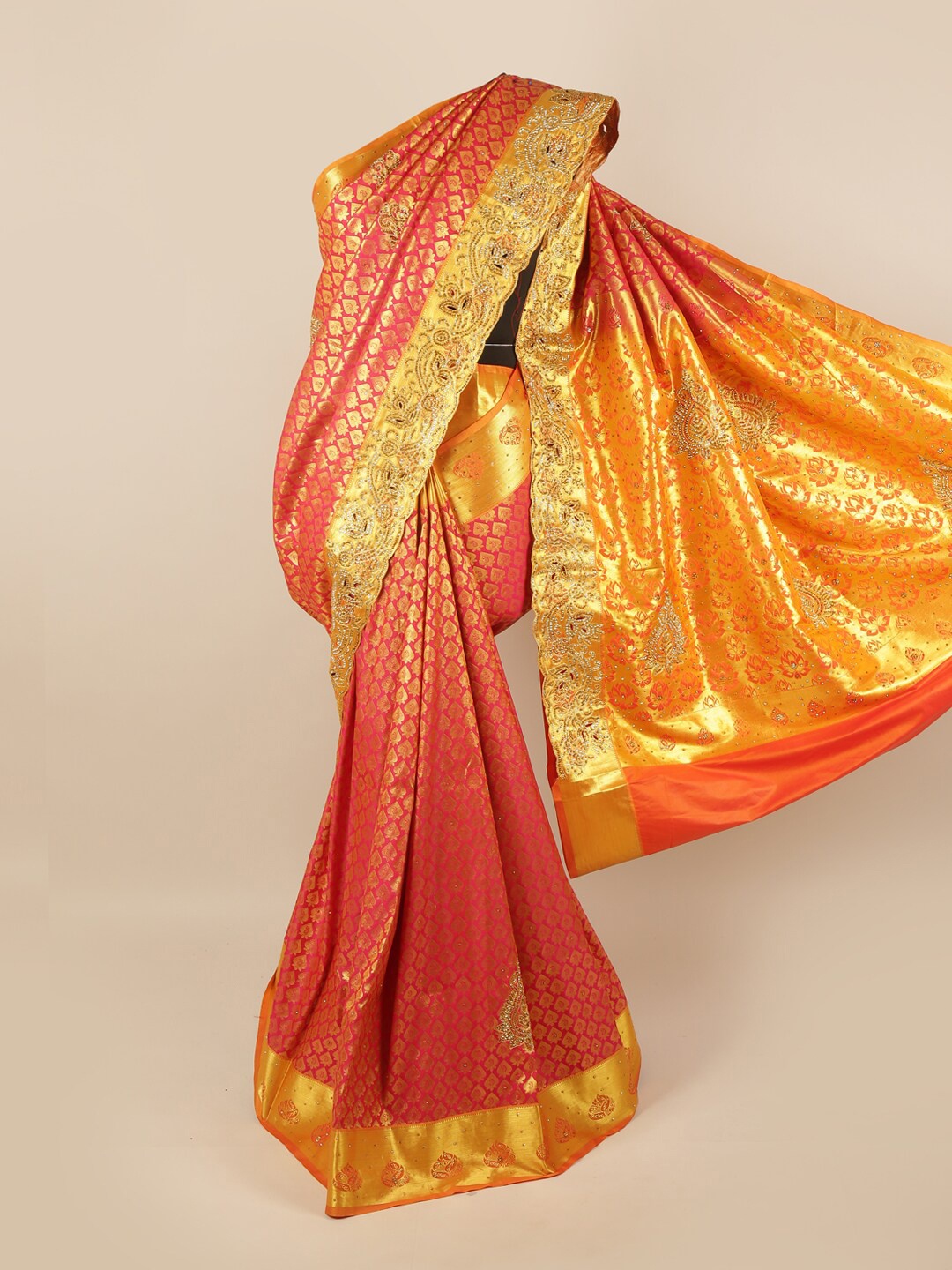 

Pothys Pink & Orange Woven Design Beads and Stones Pure Silk Saree