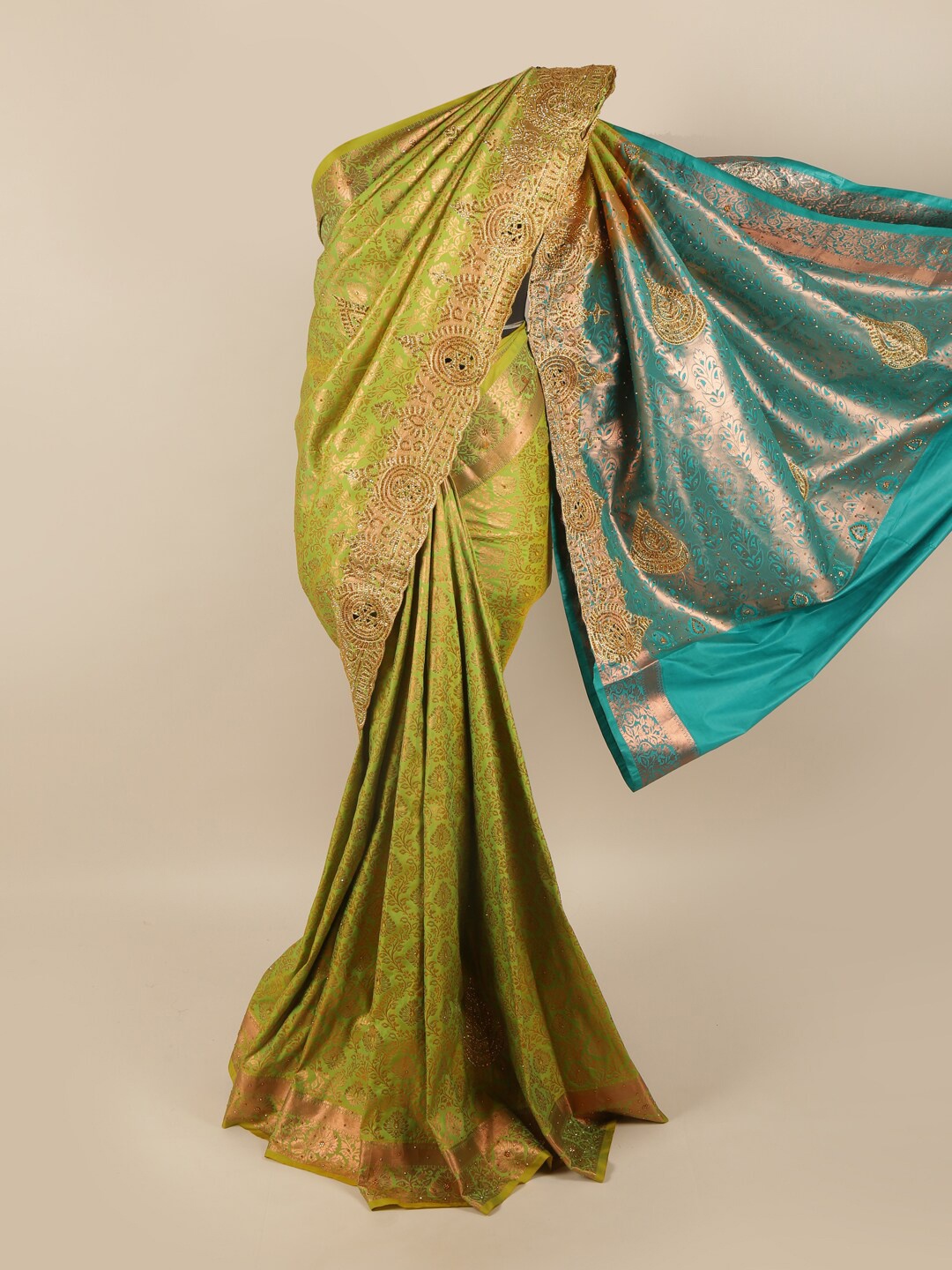 

Pothys Green & Turquoise Blue Embellished Pure Silk Saree