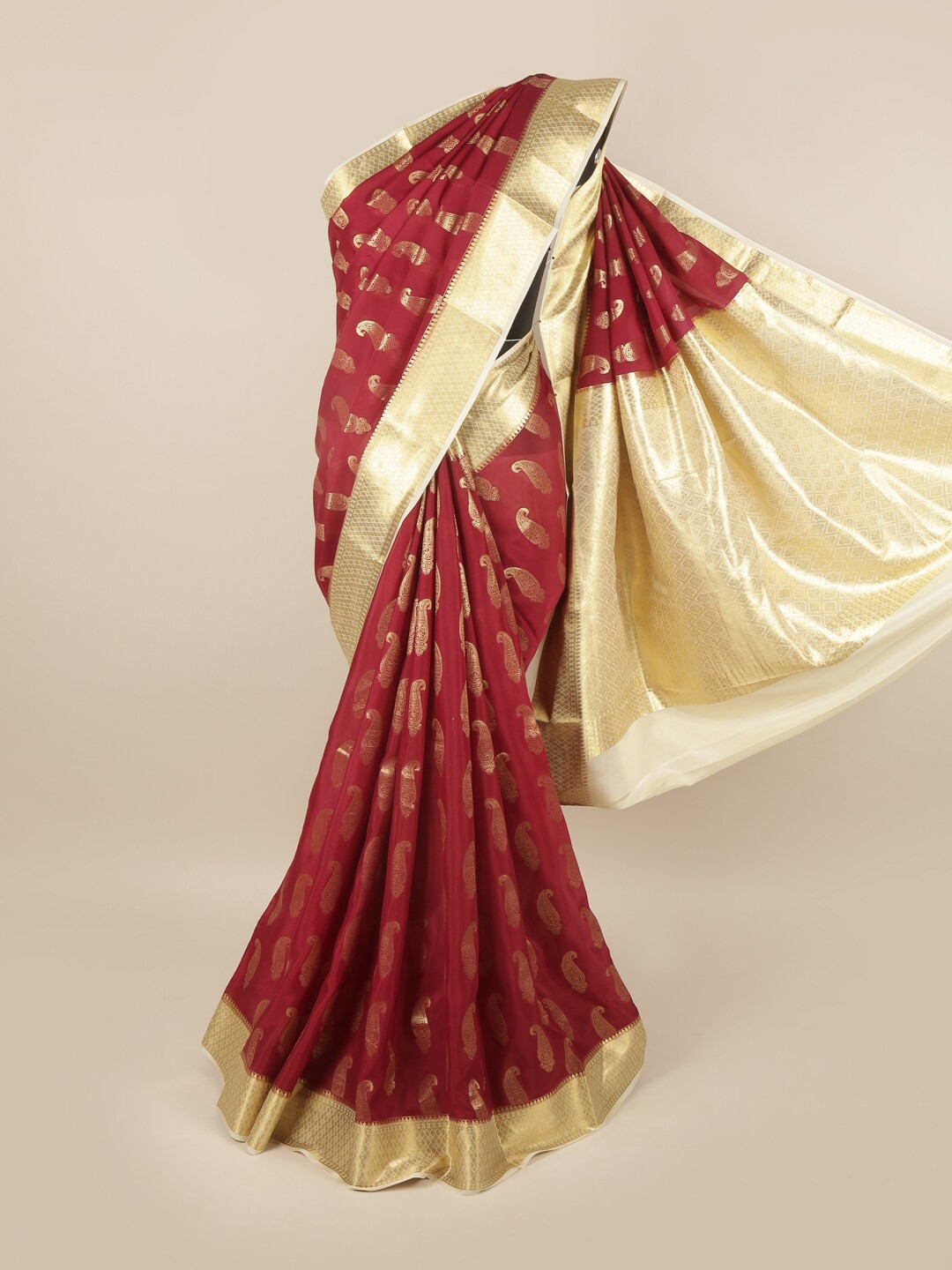 

Pothys Maroon & Gold-Toned Woven Design Zari Pure Silk Saree
