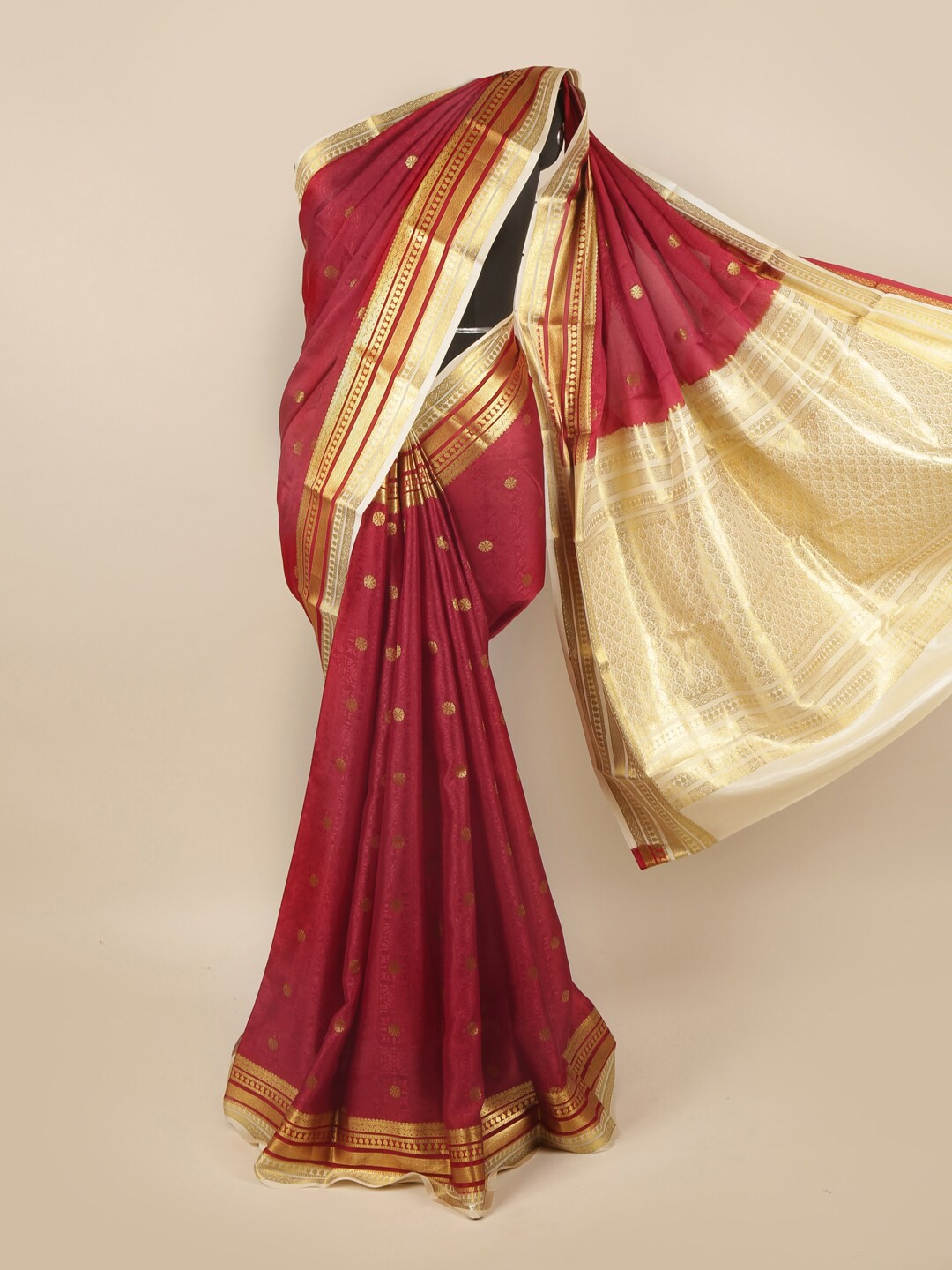 

Pothys Maroon & Beige Woven Design Zari Pure Silk Saree