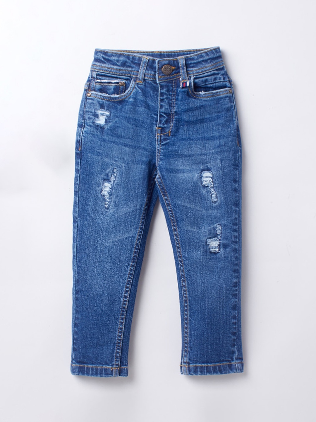 

Ed-a-Mamma Boys Blue Solid Mildly Distressed Light Fade Washes Stretchable Jeans