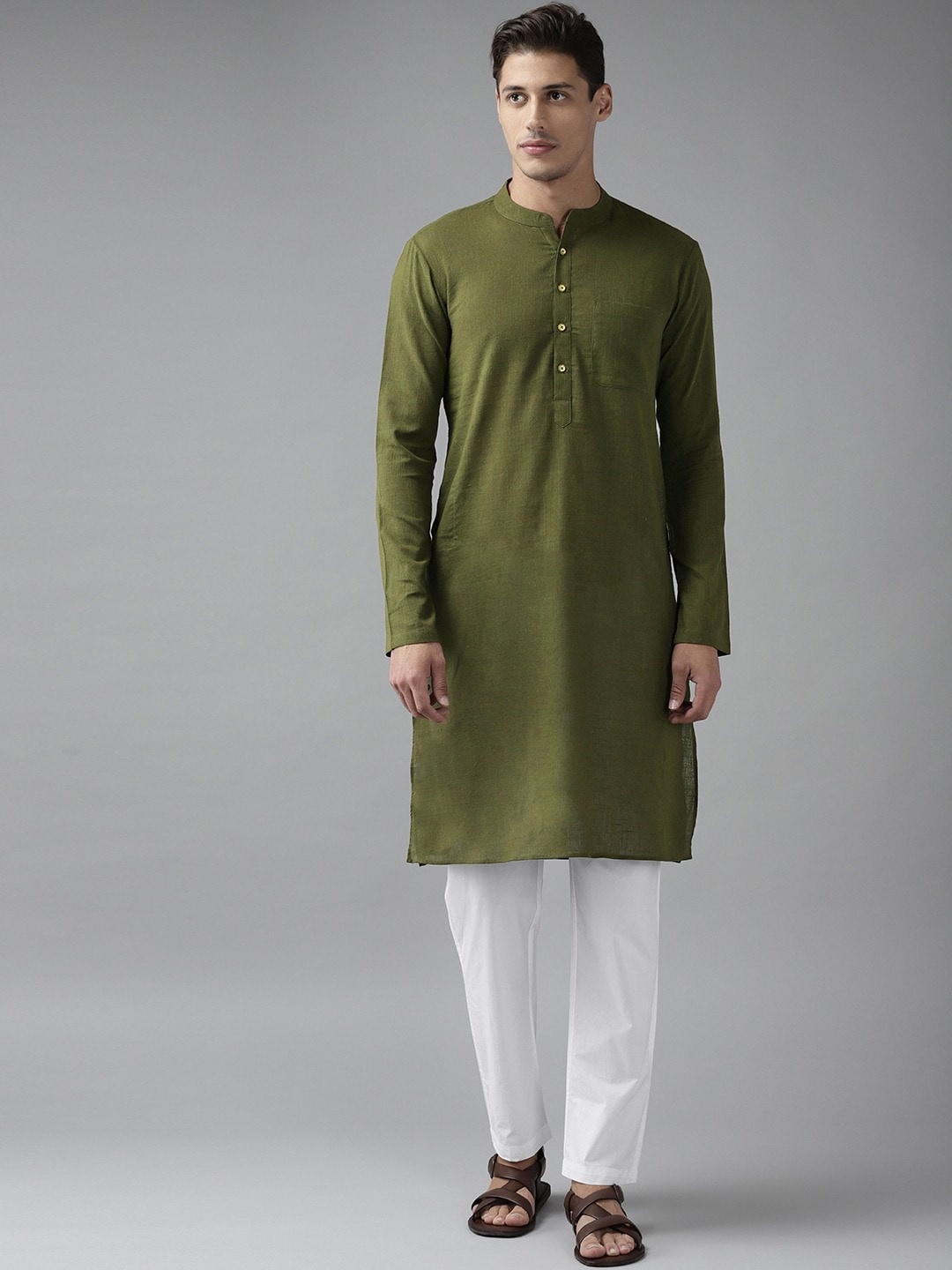 

See Designs Men Olive Thread Work Straight Cotton Kurta