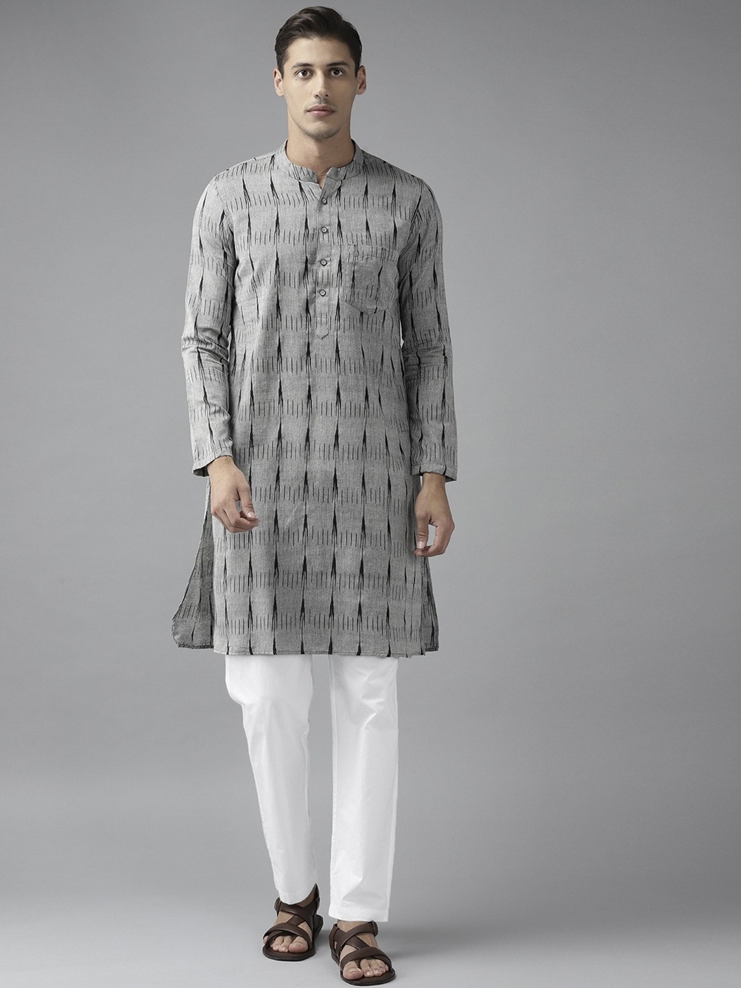 

See Designs Men Grey & Black Geometric Ikat Handloom Straight Cotton Kurta