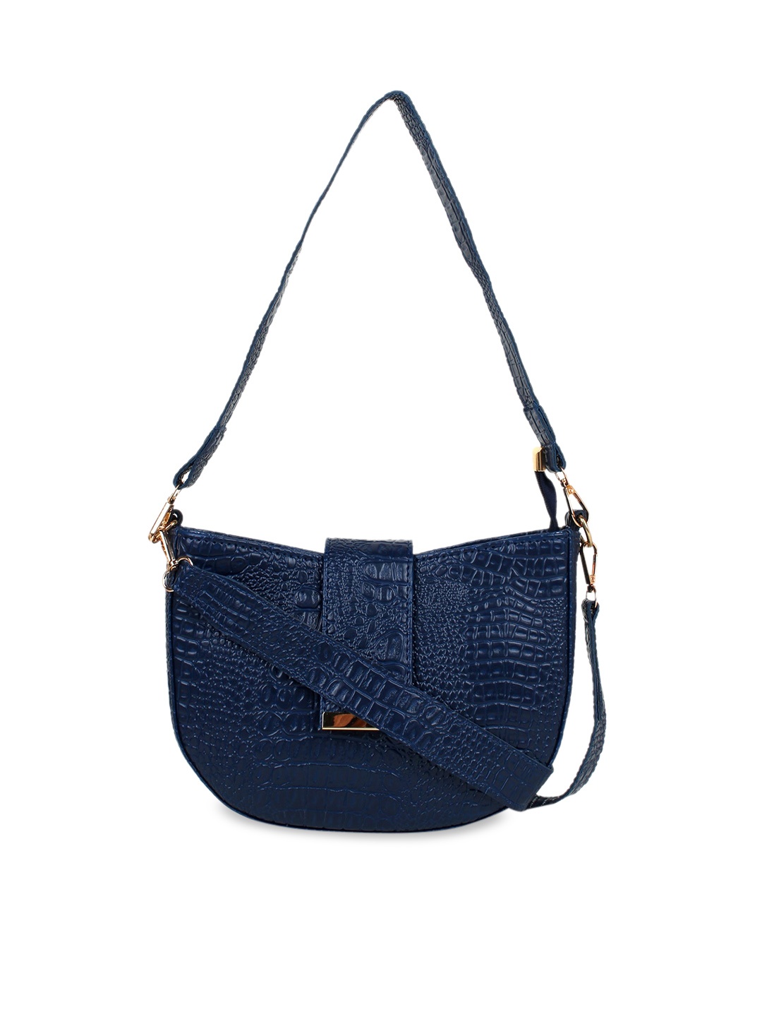 

LEGAL BRIBE Navy Blue Croc-Textured Structured Sling Bag