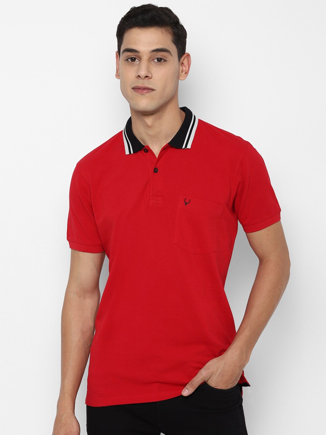 

Allen Solly Men Red Black Polo Collar Pockets Pure Cotton T-shirt