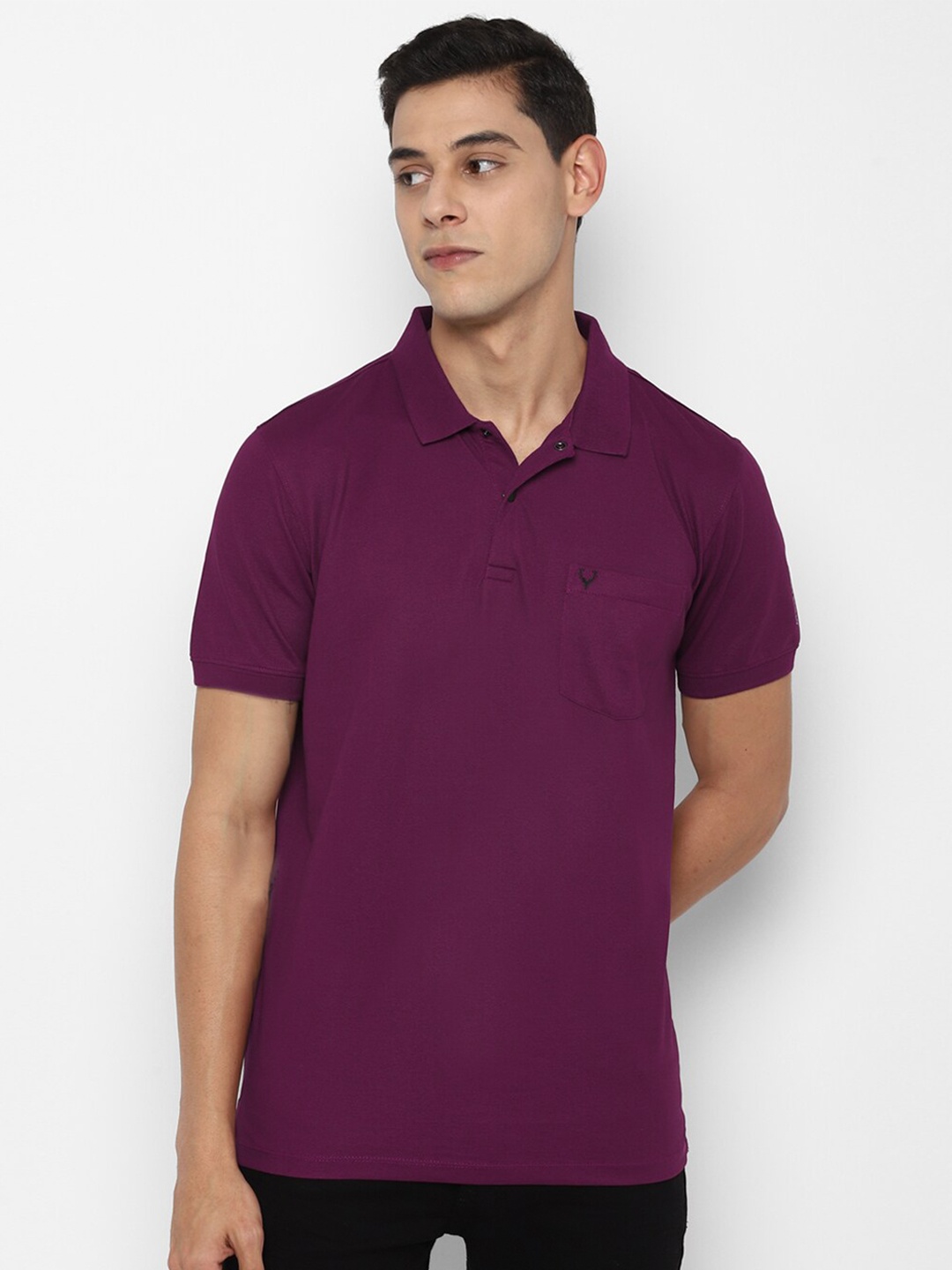 

Allen Solly Men Purple Solid Polo Collar Pockets Pure Cotton T-shirt